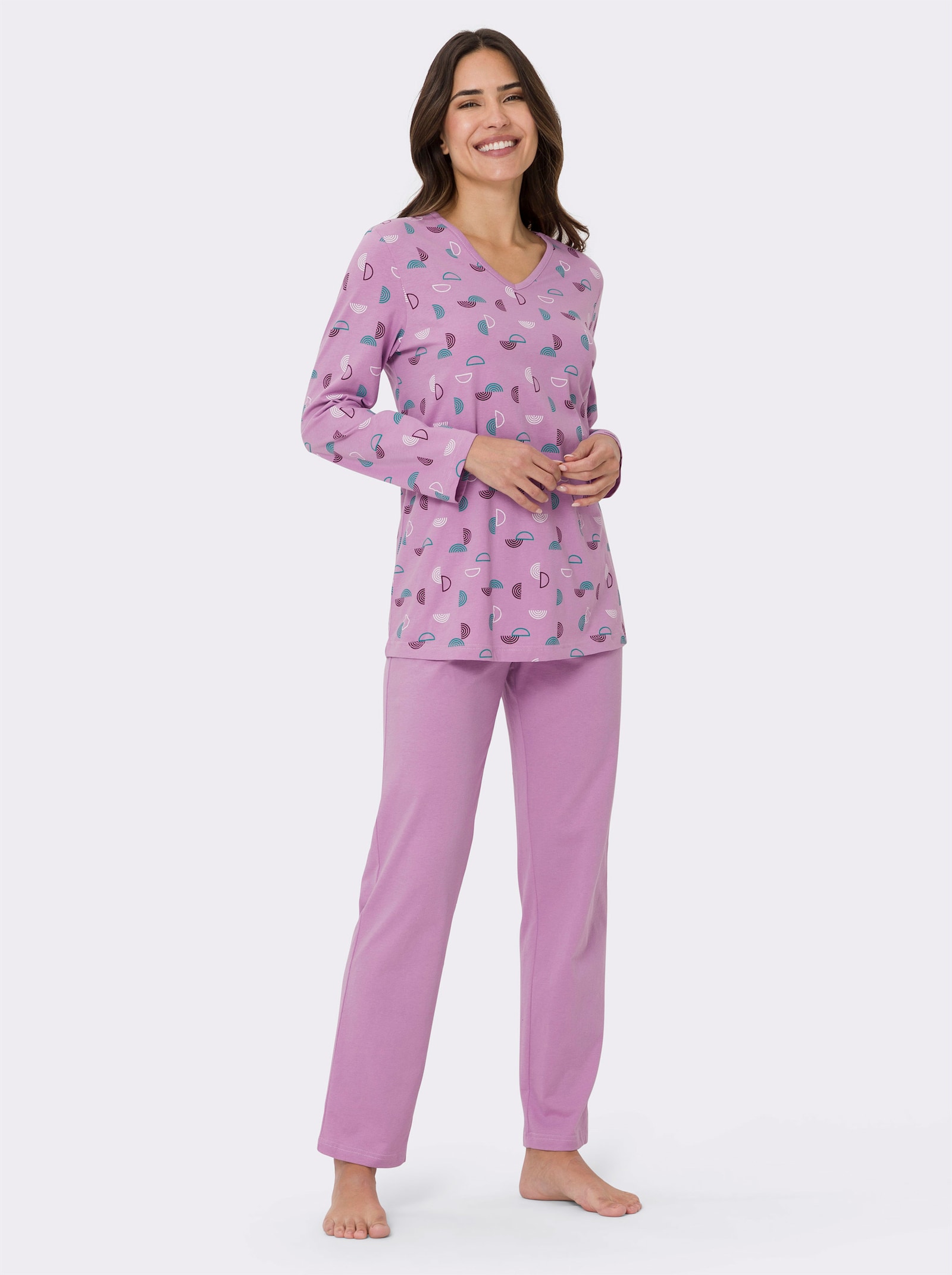 Pyžamo s výstřihem do V, s potiskem - orchideová-potisk