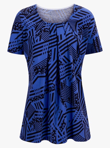 Longshirt in A-Form mit Falten - blau-gemustert