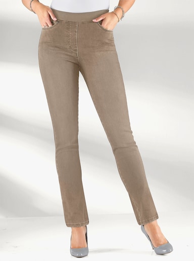 Schlupfjeans mit geripptem Strick-Dehnbund - sesam