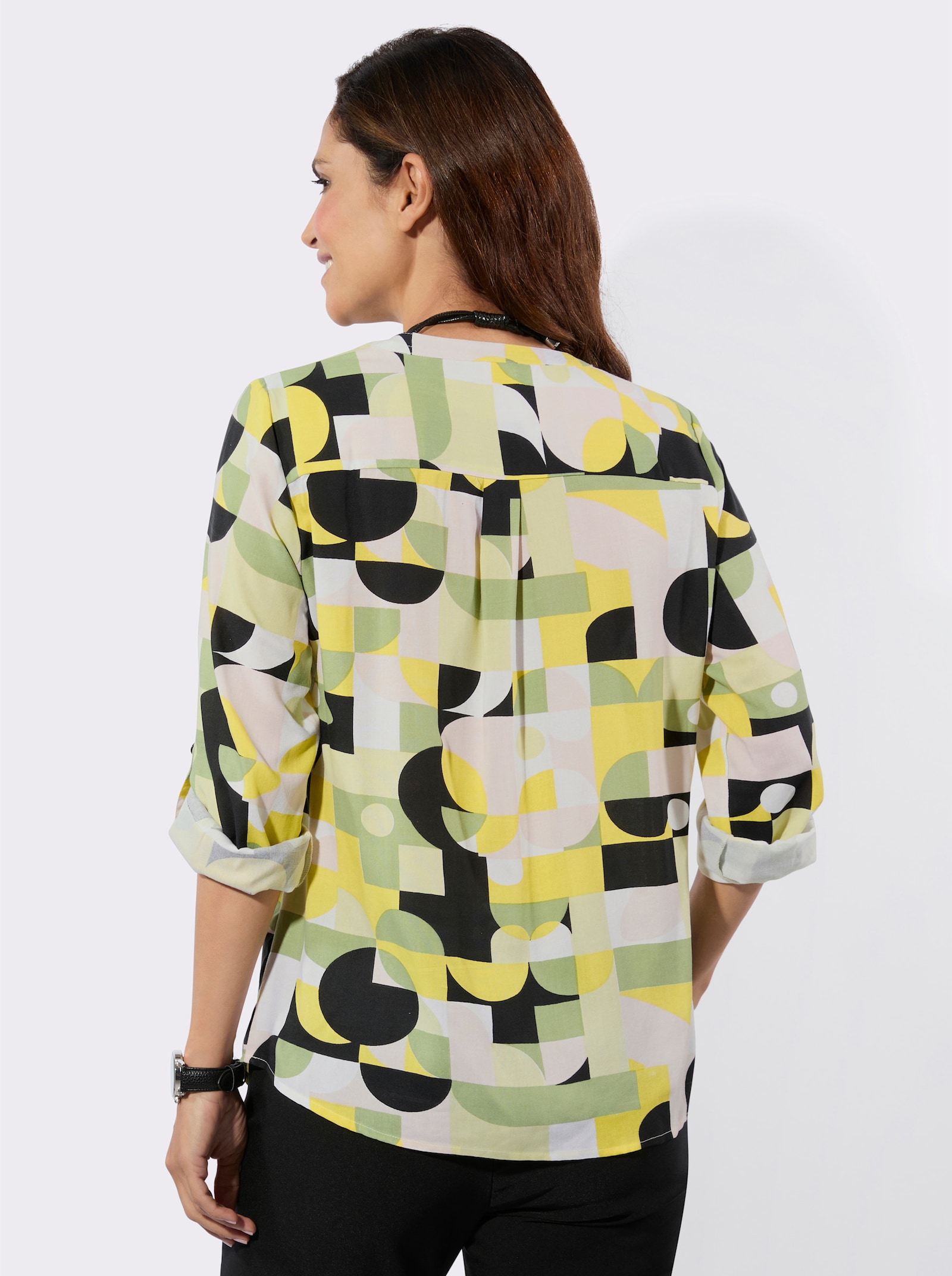 Druckbluse mit Krempelärmeln - pistazie-schwarz-bedruckt