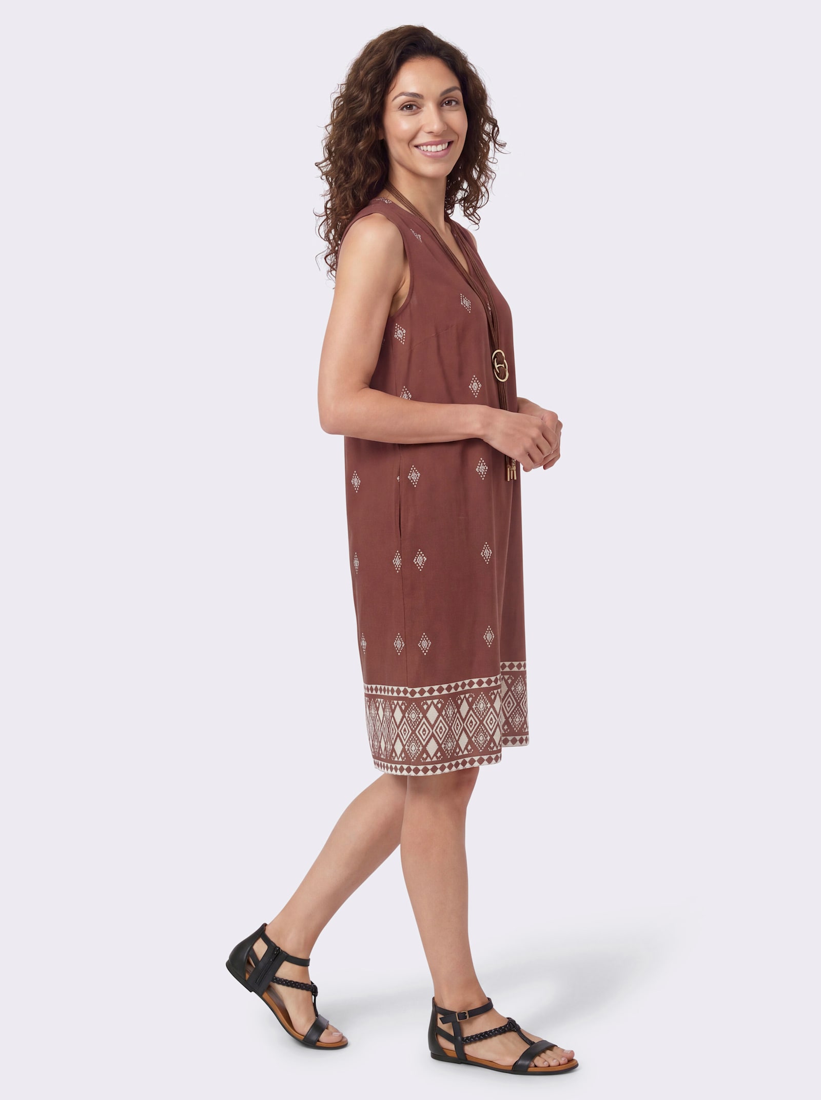 Druckkleid aus reiner Viskose - rotbraun-elfenbein-bedruckt