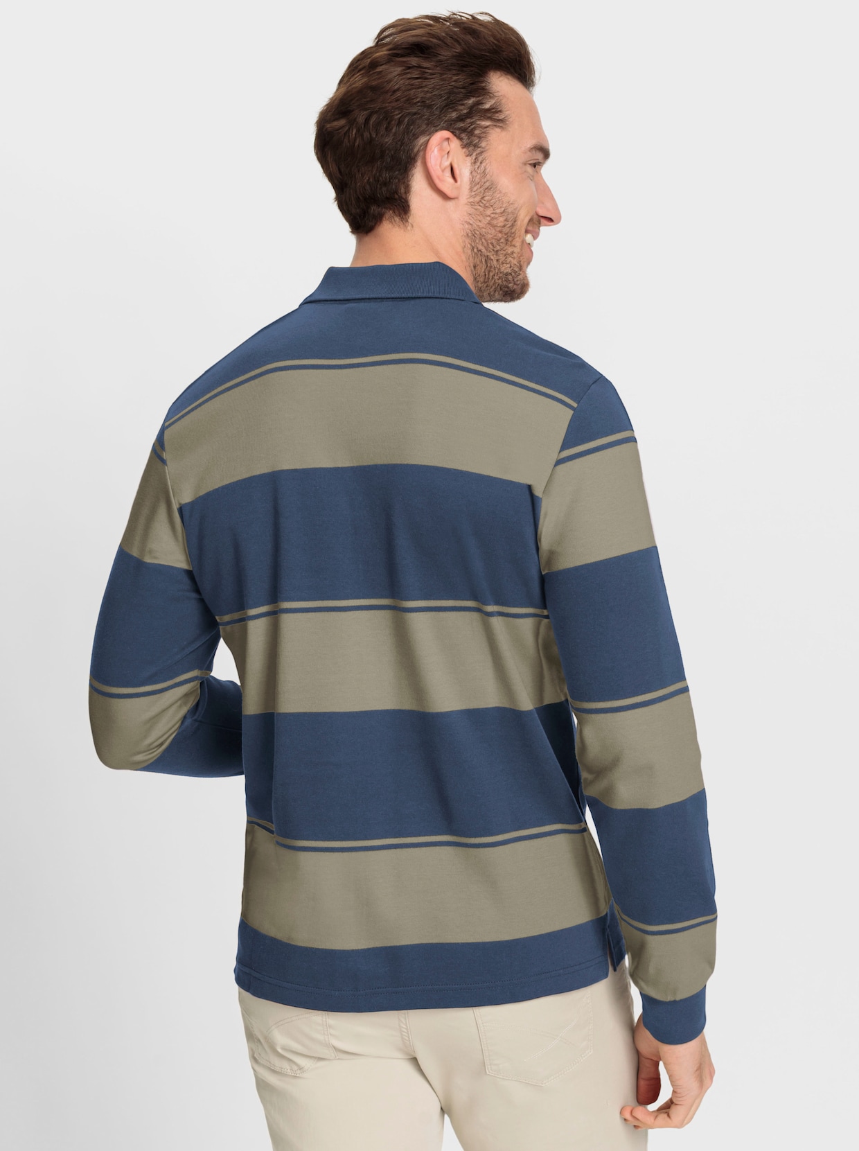 Marco Donati Poloshirt met lange mouwen - jeansblauw/leem gestreept