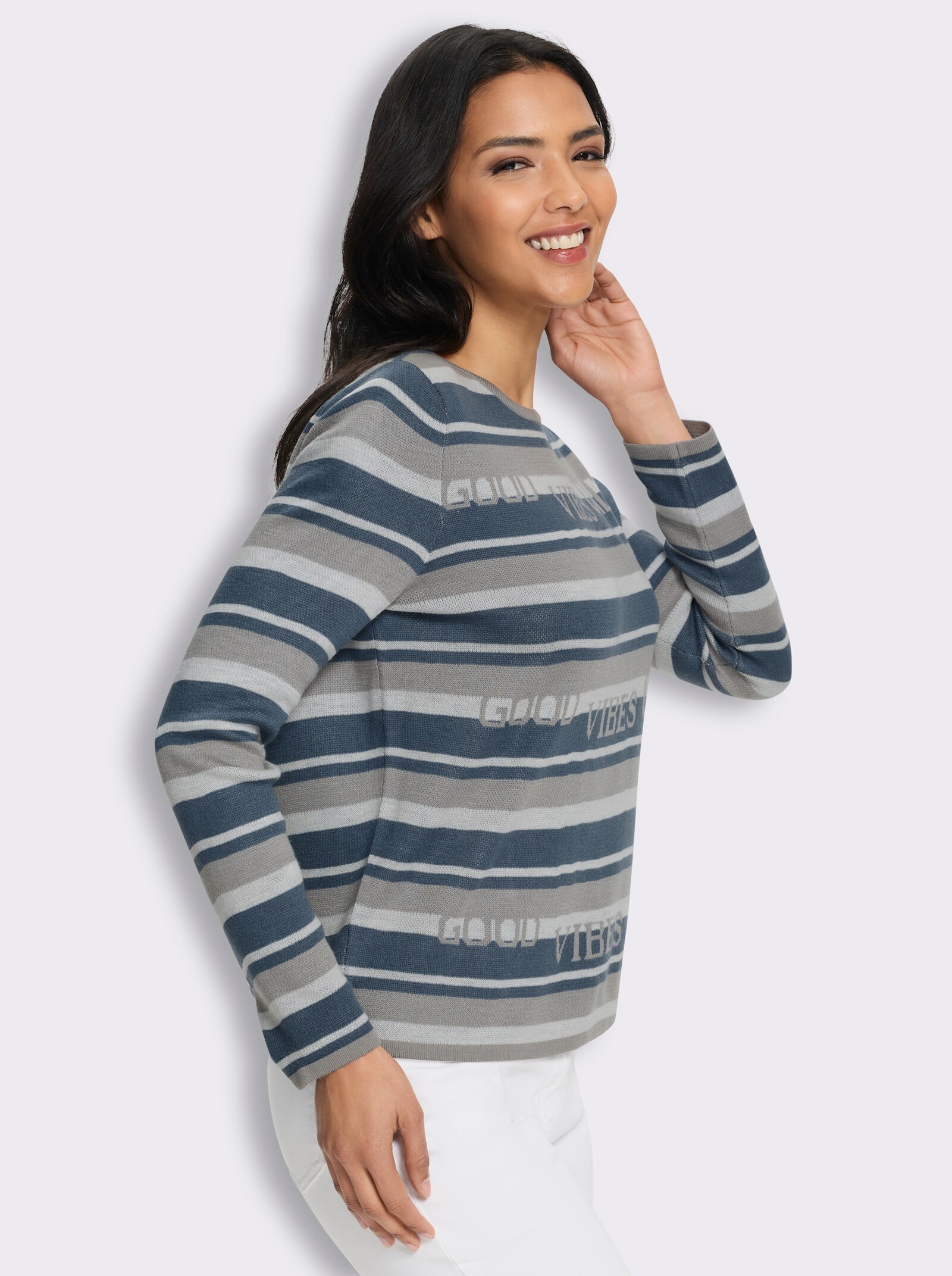 Jacquard-Pullover mit Streifen und Schriftzug - steingrau-rauchblau-gemustert