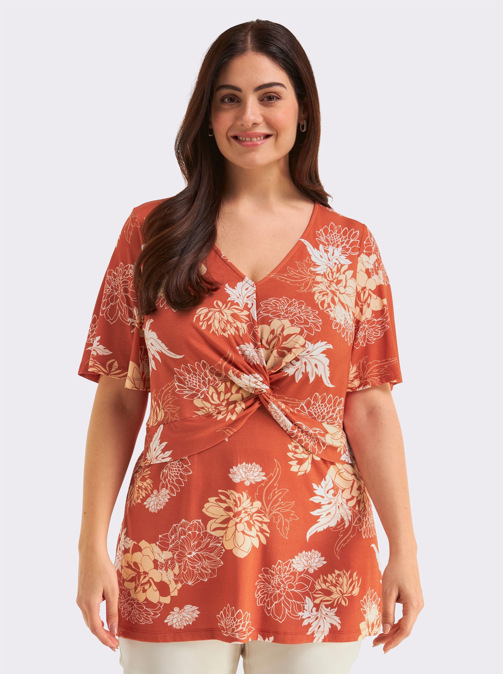 sheego Shirt mit raffiniertem Knotendetail - terra-vanille-bedruckt