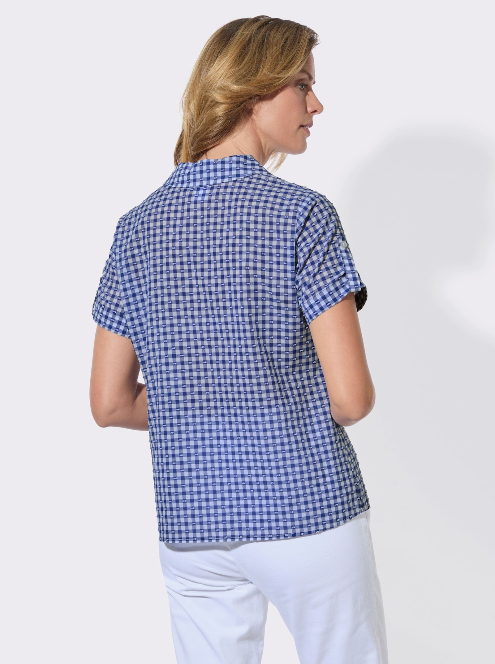 Karobluse mit fixierten Ärmelaufschlägen - royalblau-ecru-kariert