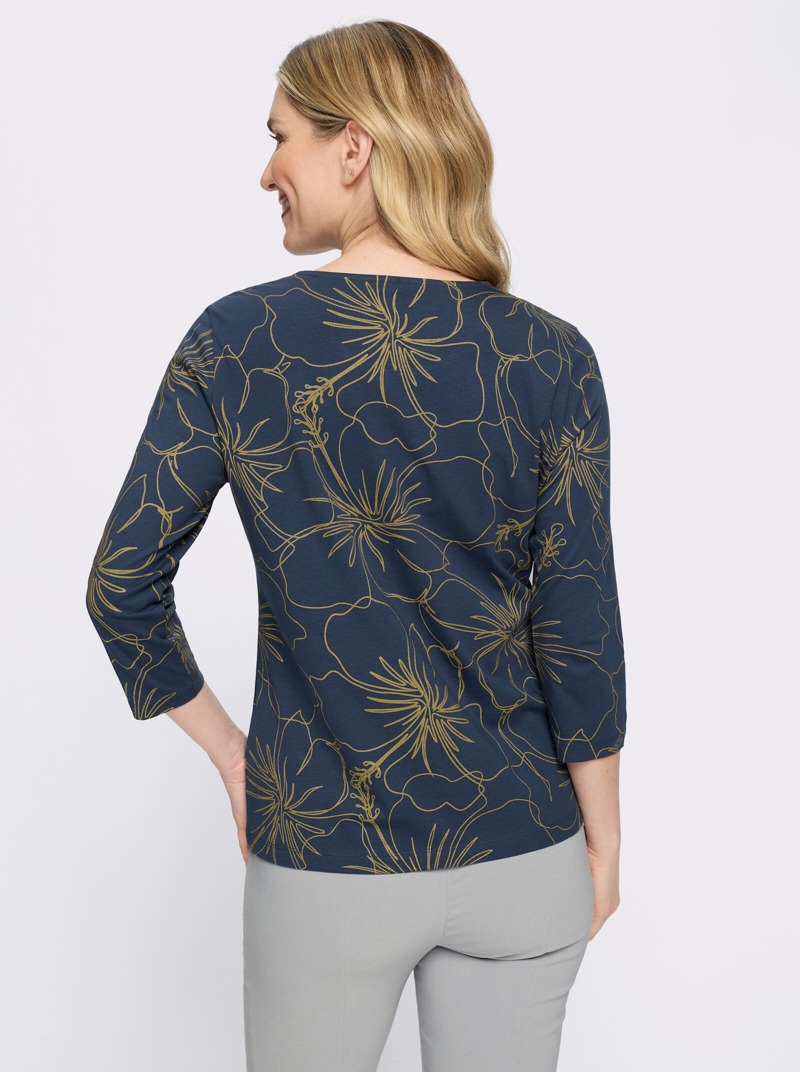3/4-Arm-Shirt mit goldfarbenem Blütendruck - dunkelblau-goldfarben-bedruckt