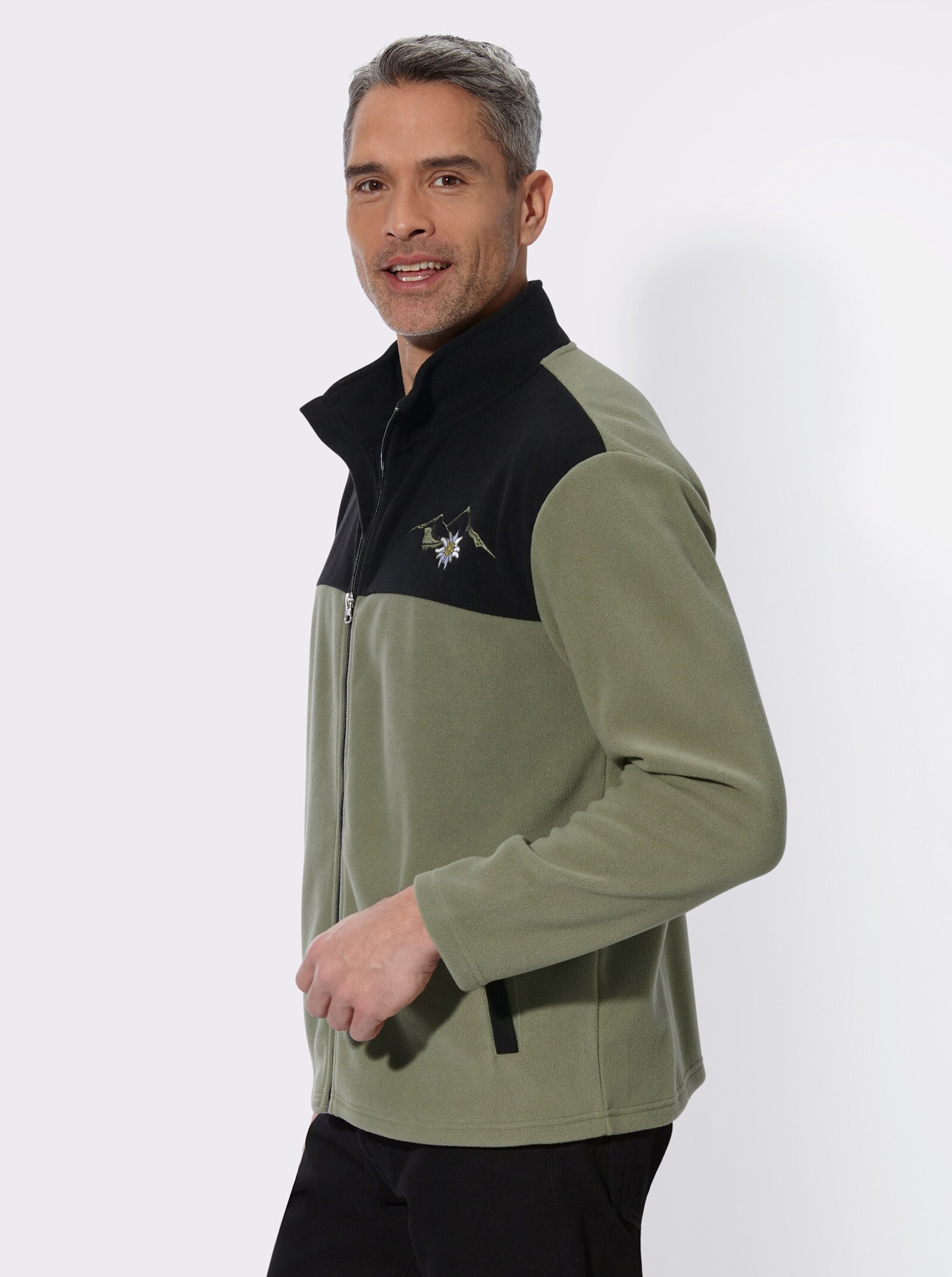 Fleecejacke mit Edelweiß-Stickerei - schwarz-khaki