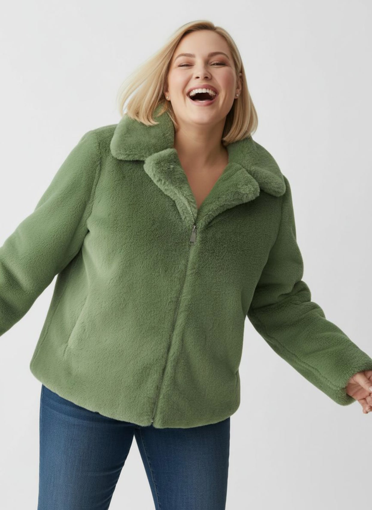 Fellimitatjacke mit Umlegekragen - eucalyptus