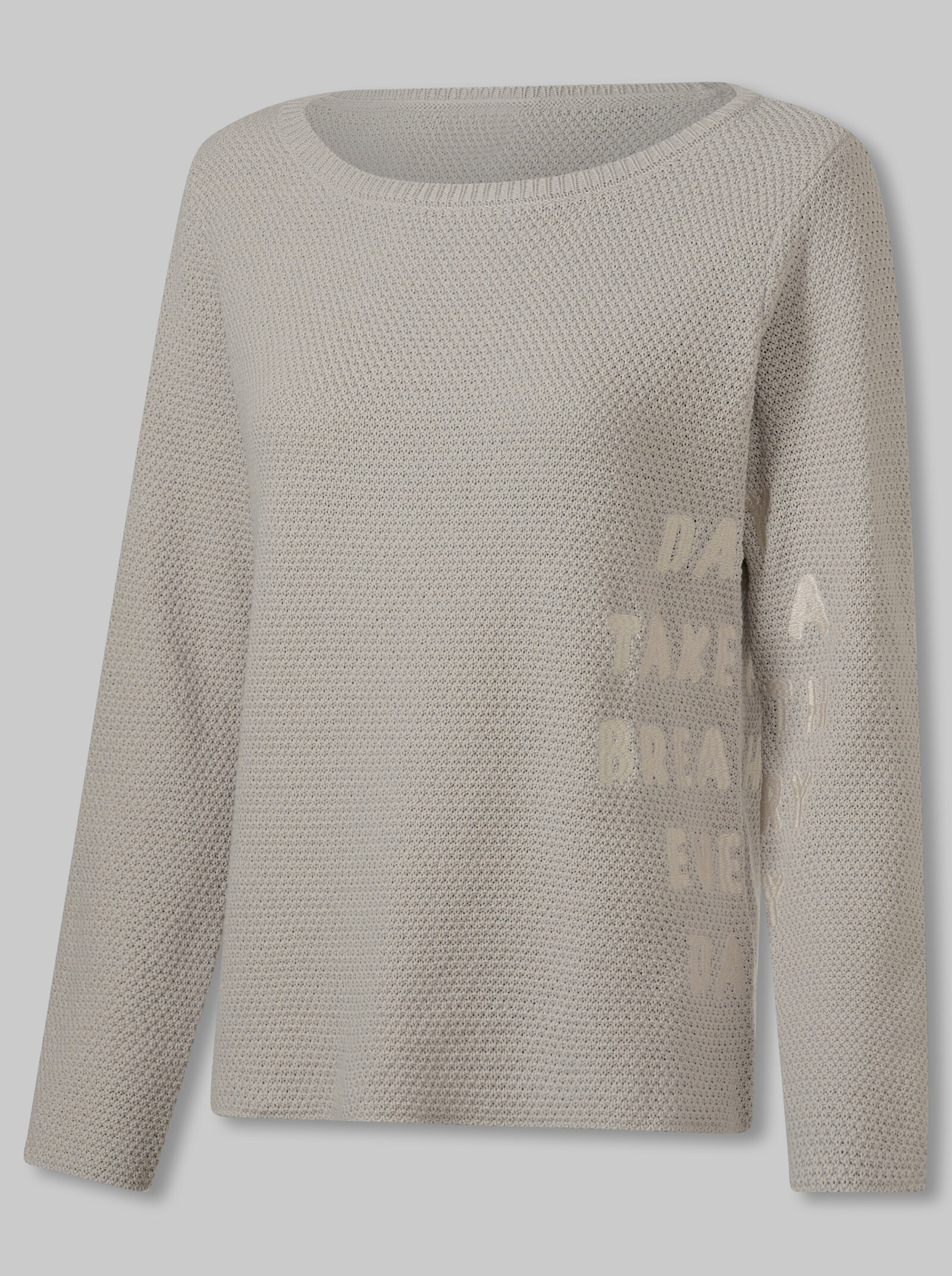 heine Pullover mit gestickter Schrift - hellgrau-ecru-gemustert