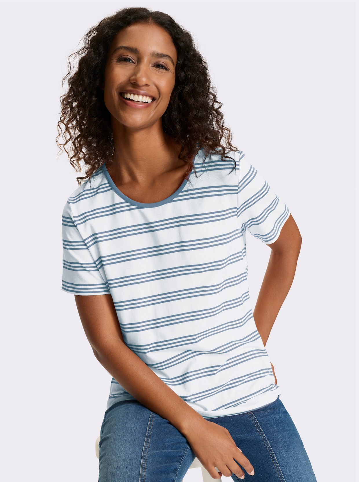 heine Shirt met korte mouwen - bleu/ecru gestreept