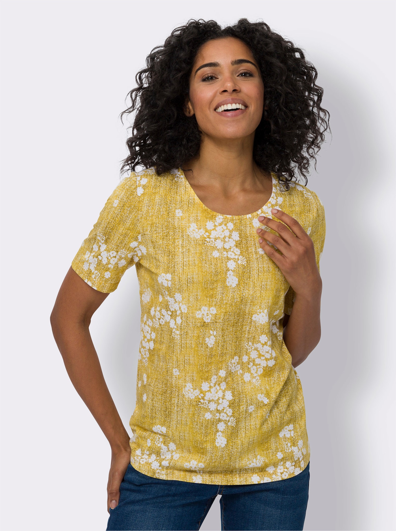 Shirt met korte mouwen in jeanslook - zonnegeel/wit bedrukt