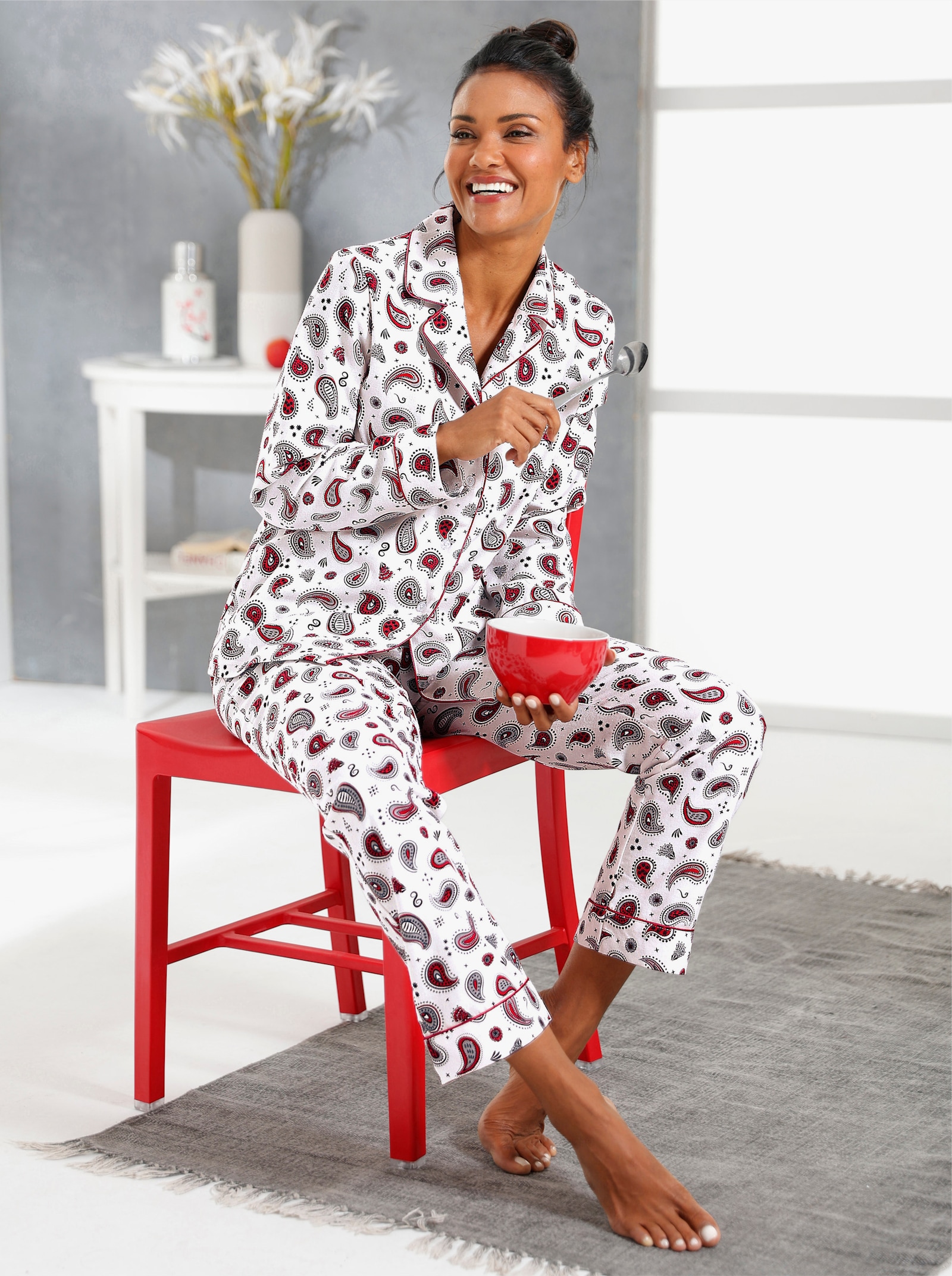wäschepur Pyjama mit Paisley-Print - ecru-rot-bedruckt