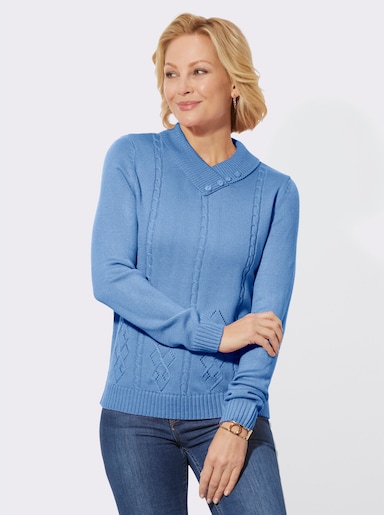V-Ausschnitt-Pullover mit Schmuckknöpfen - himmelblau