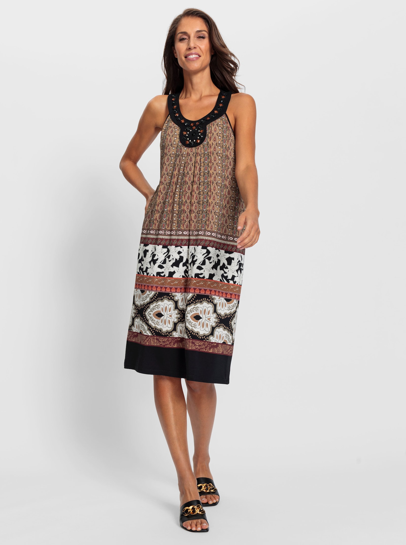 heine Jurk met print en siersteentjes bij de hals - zwart/camel bedrukt