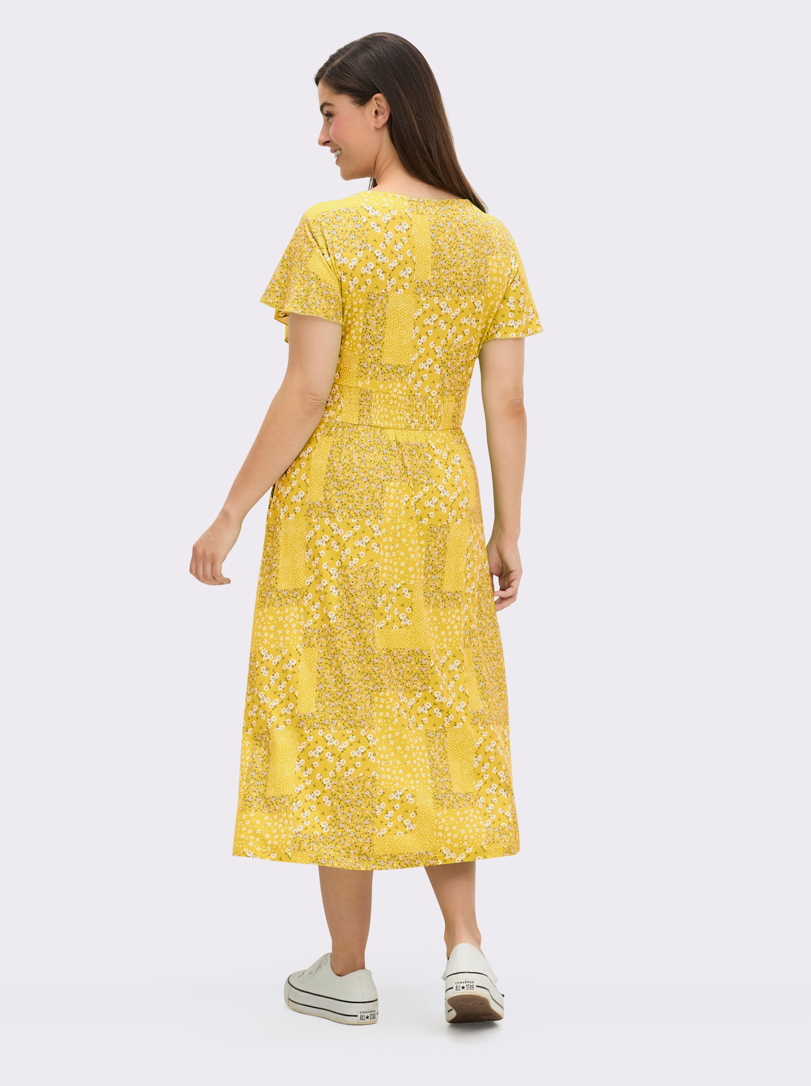 Jerseykleid mit Flügel-Ärmeln - sonnengelb-champagner-bedruckt