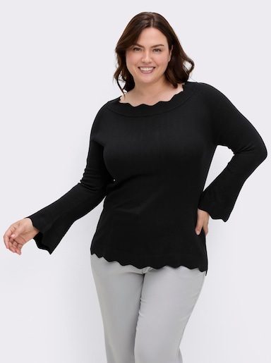 Strickpullover mit Wellenkanten - schwarz