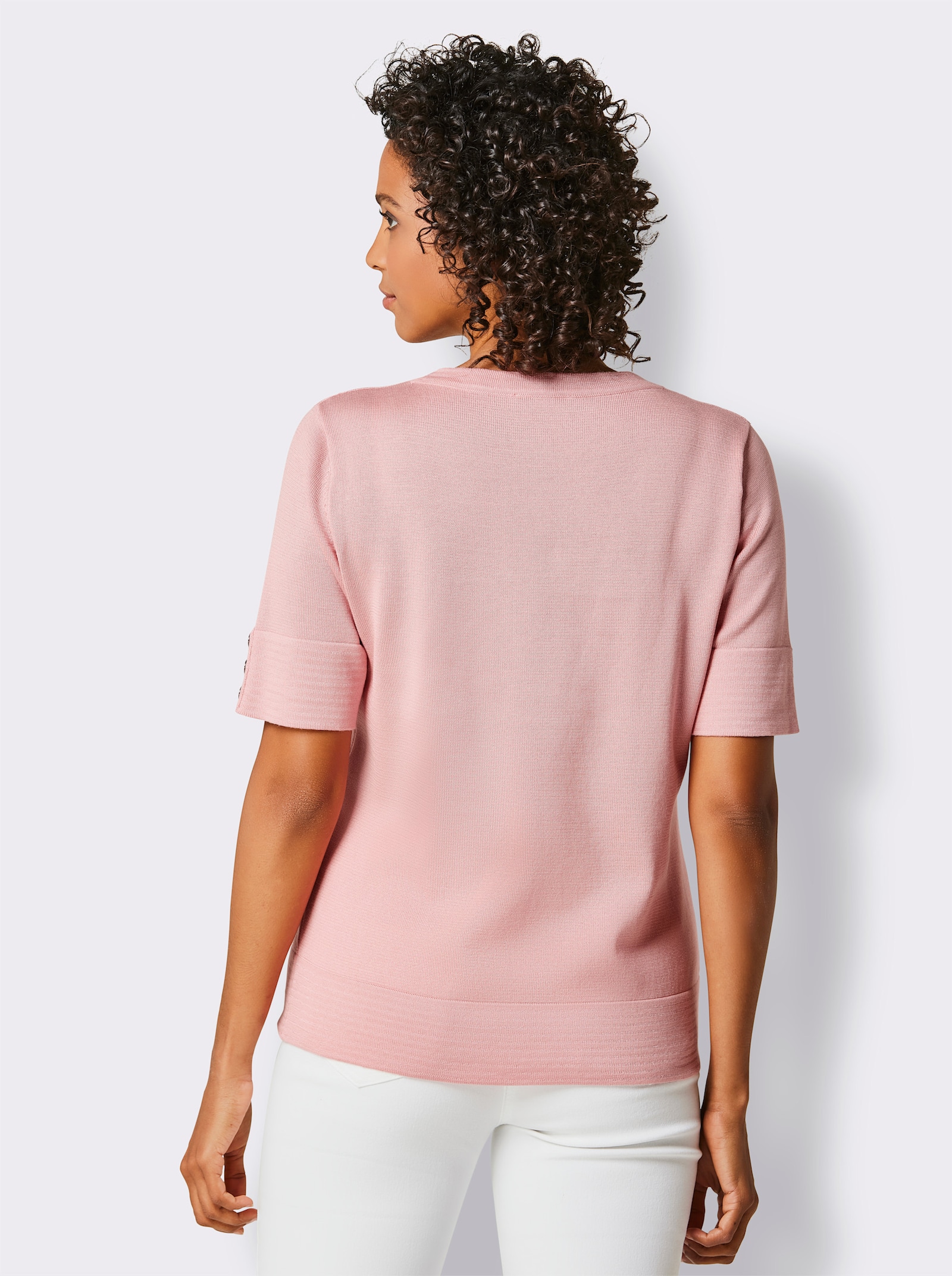 CREATION L PREMIUM Kurzarmpullover mit Glanzgarn-Abschlüssen - rosenquarz
