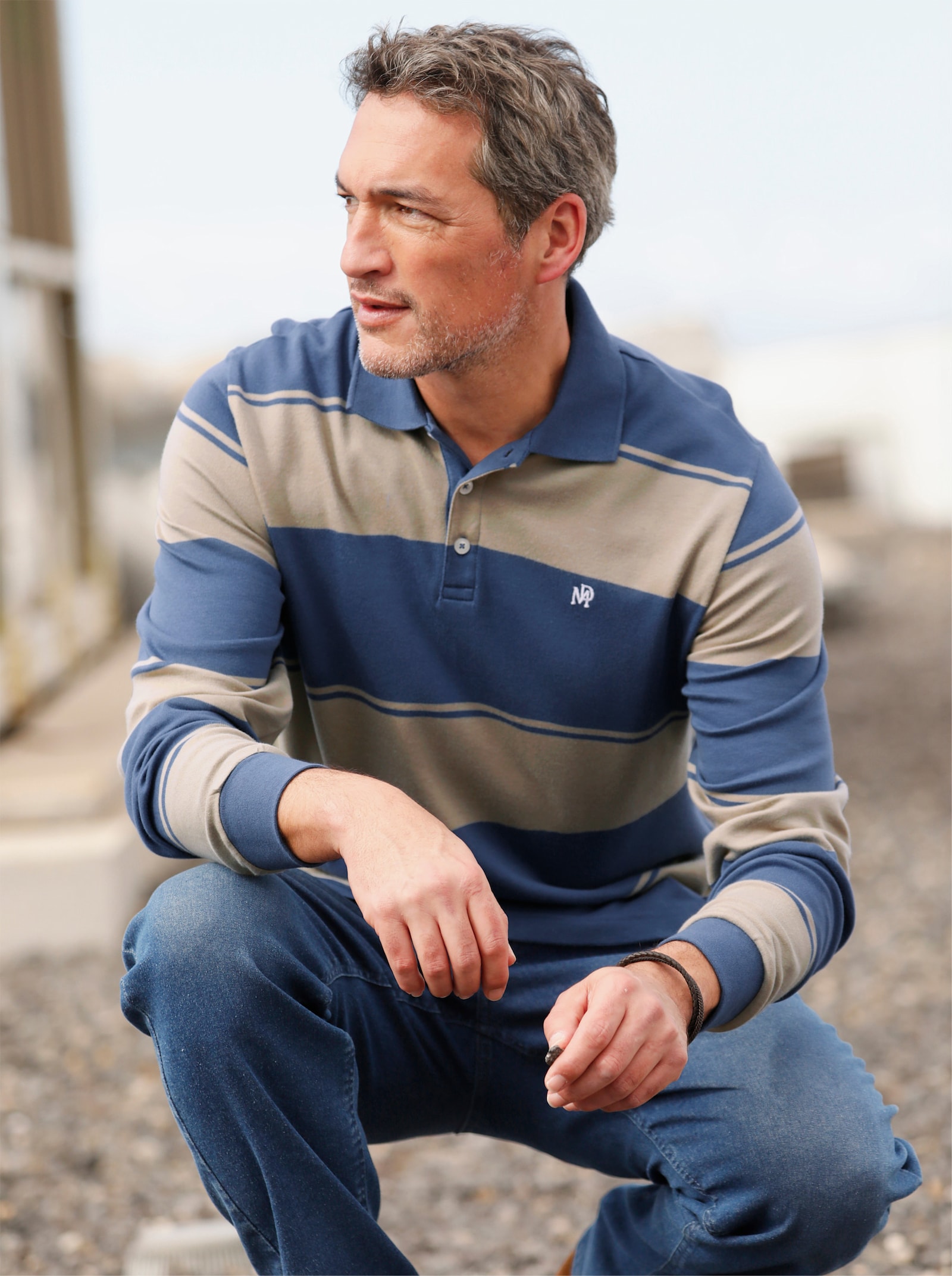 Marco Donati Langarm-Poloshirt mit Blockstreifen-Muster - jeansblau-schlamm-gestreift