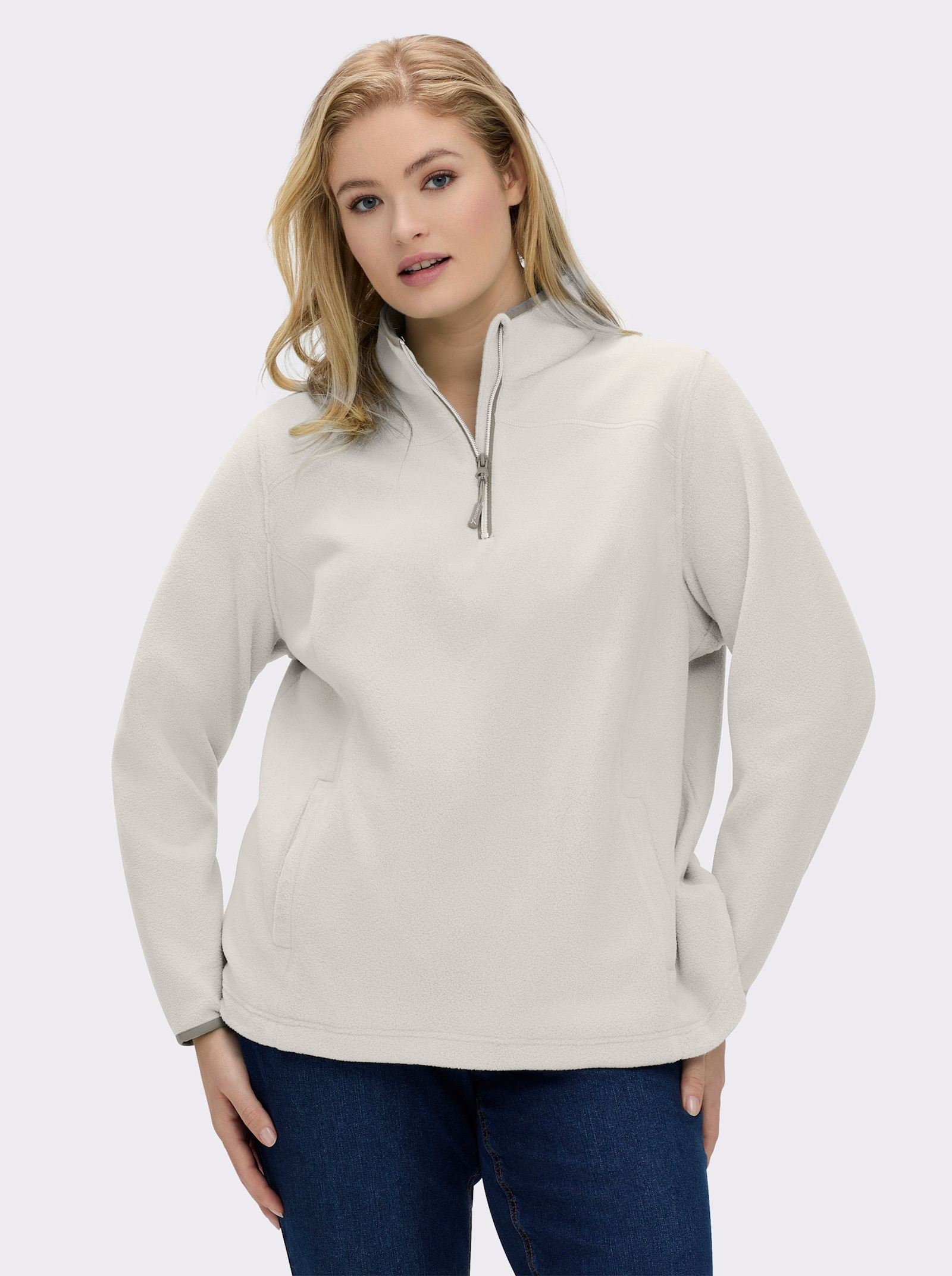 Fleeceshirt mit Stehkragen und Reißverschluss - ecru