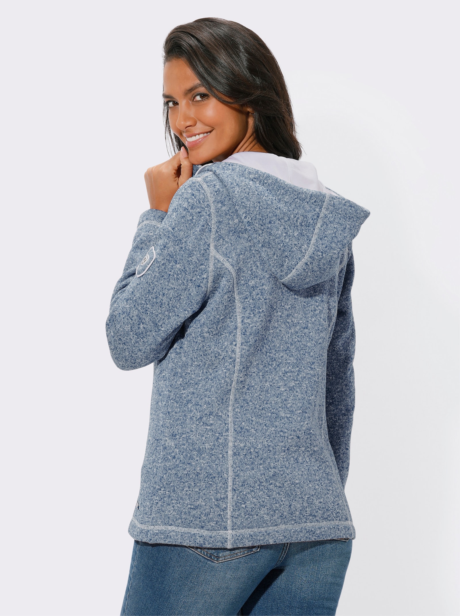 Strickfleece-Jacke mit Kapuze - jeansblau-ecru-meliert
