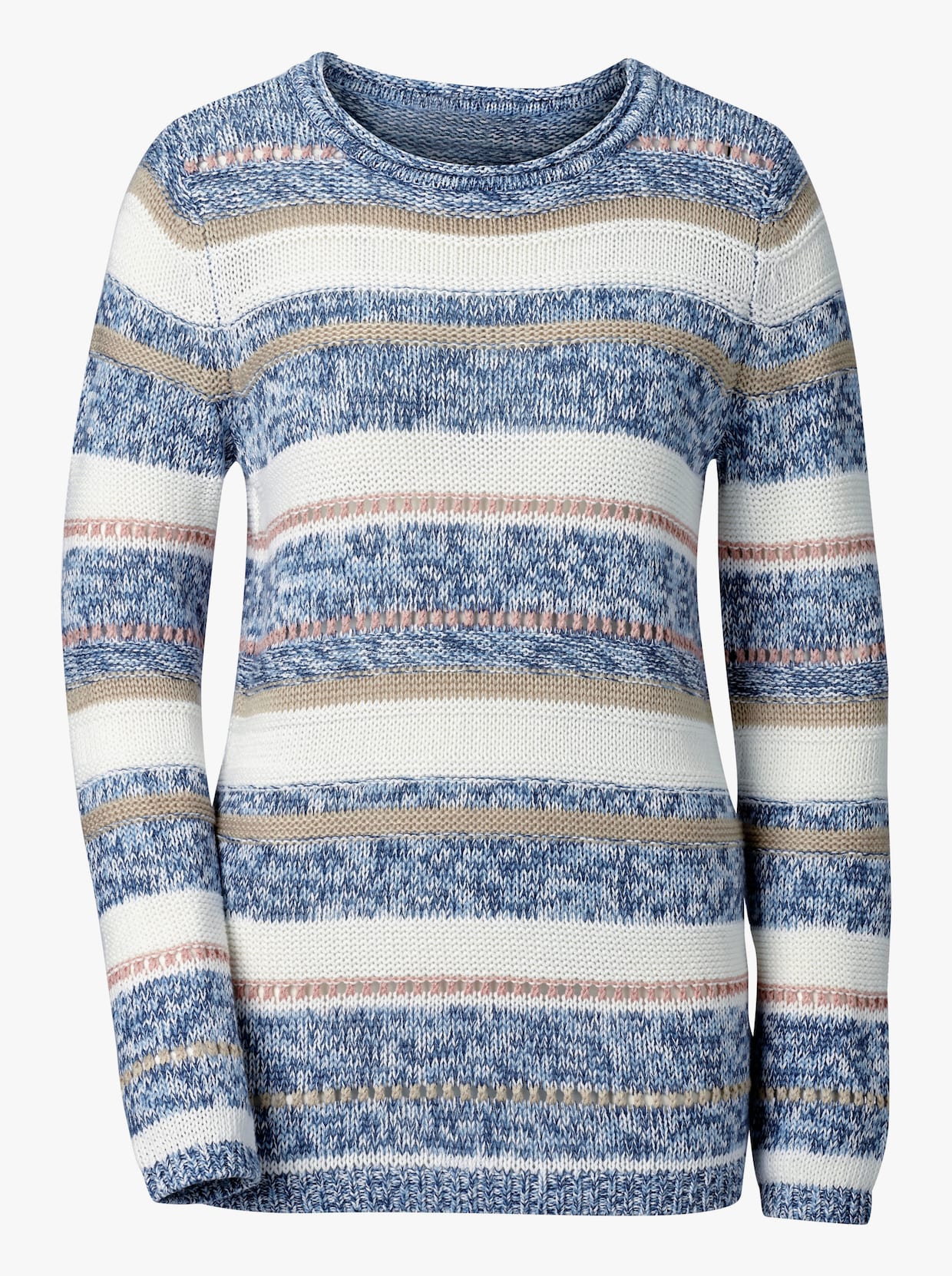 Gebreide pullover - blauw/ecru gestreept