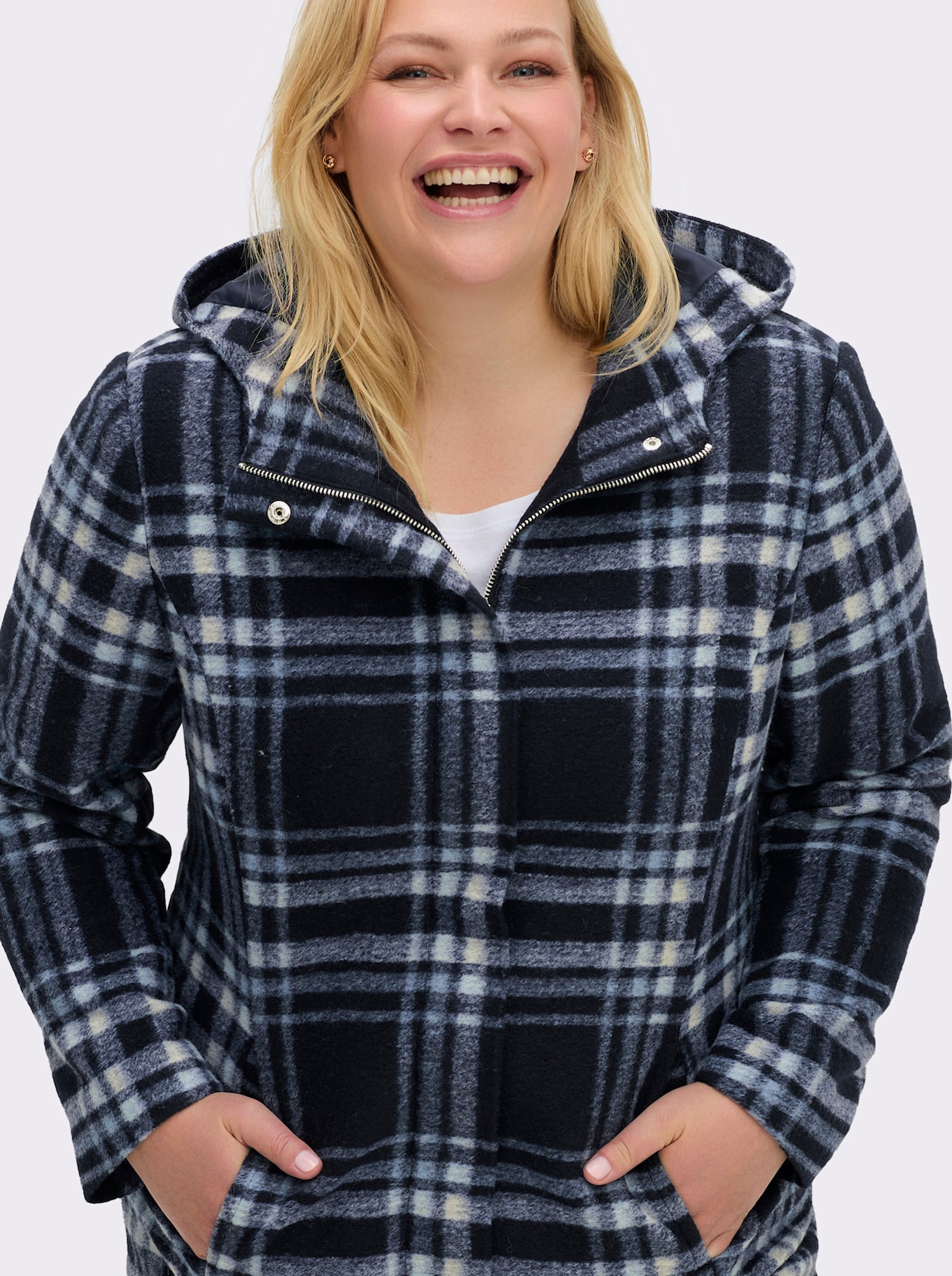 sheego Winterjas met ritssluiting en drukknopen - diepblauw/ijsblauw geruit