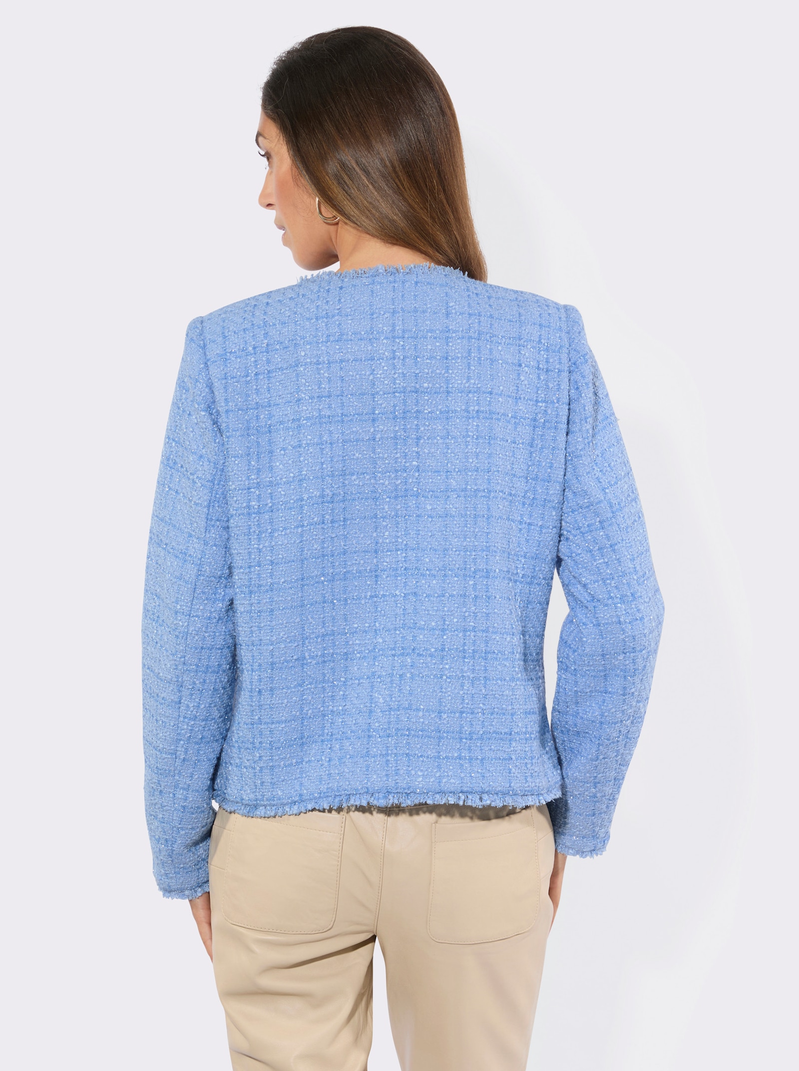 Bouclé-Blazer mit feinen Fransenkanten - himmelblau