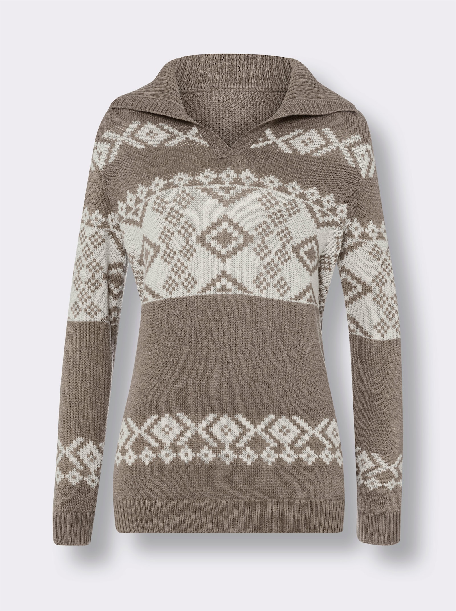 Noorse trui van jacquardtricot - taupe/ecru gedessineerd