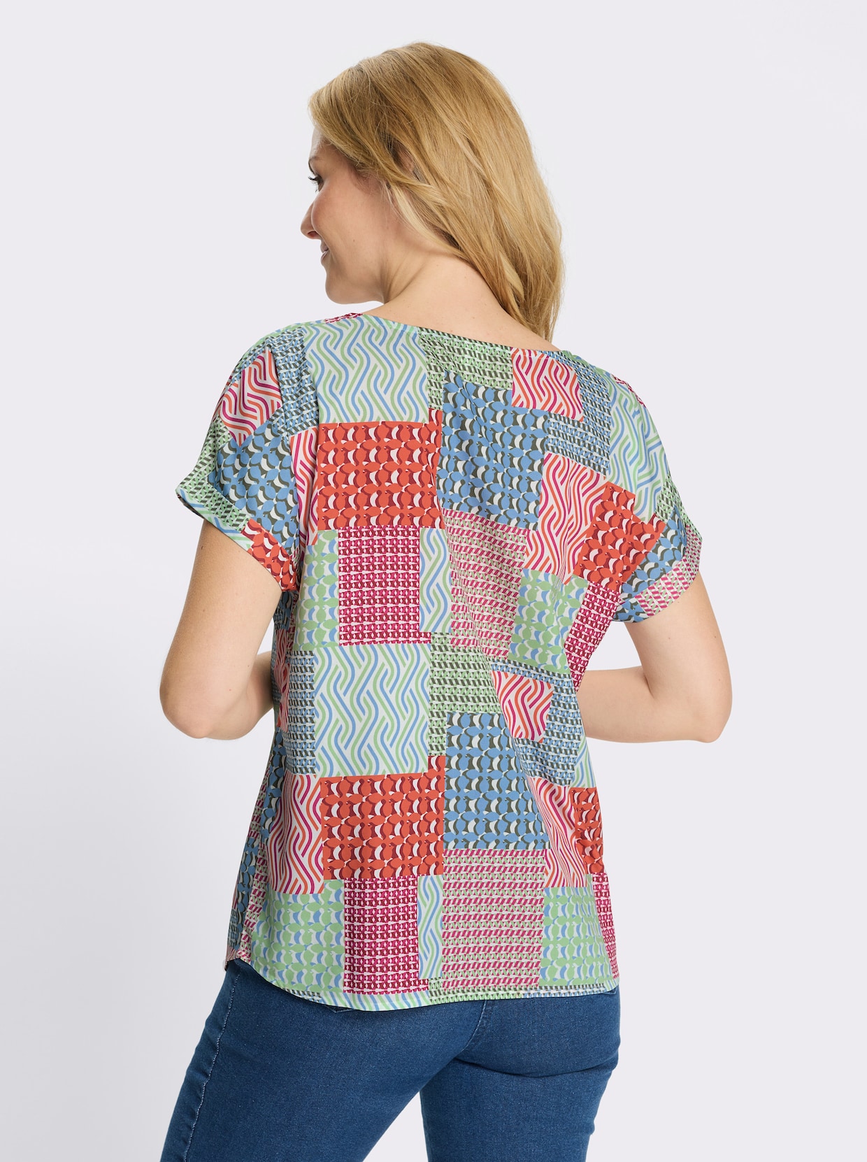 Schlupfbluse in Patch-Optik - rot-himmelblau-bedruckt