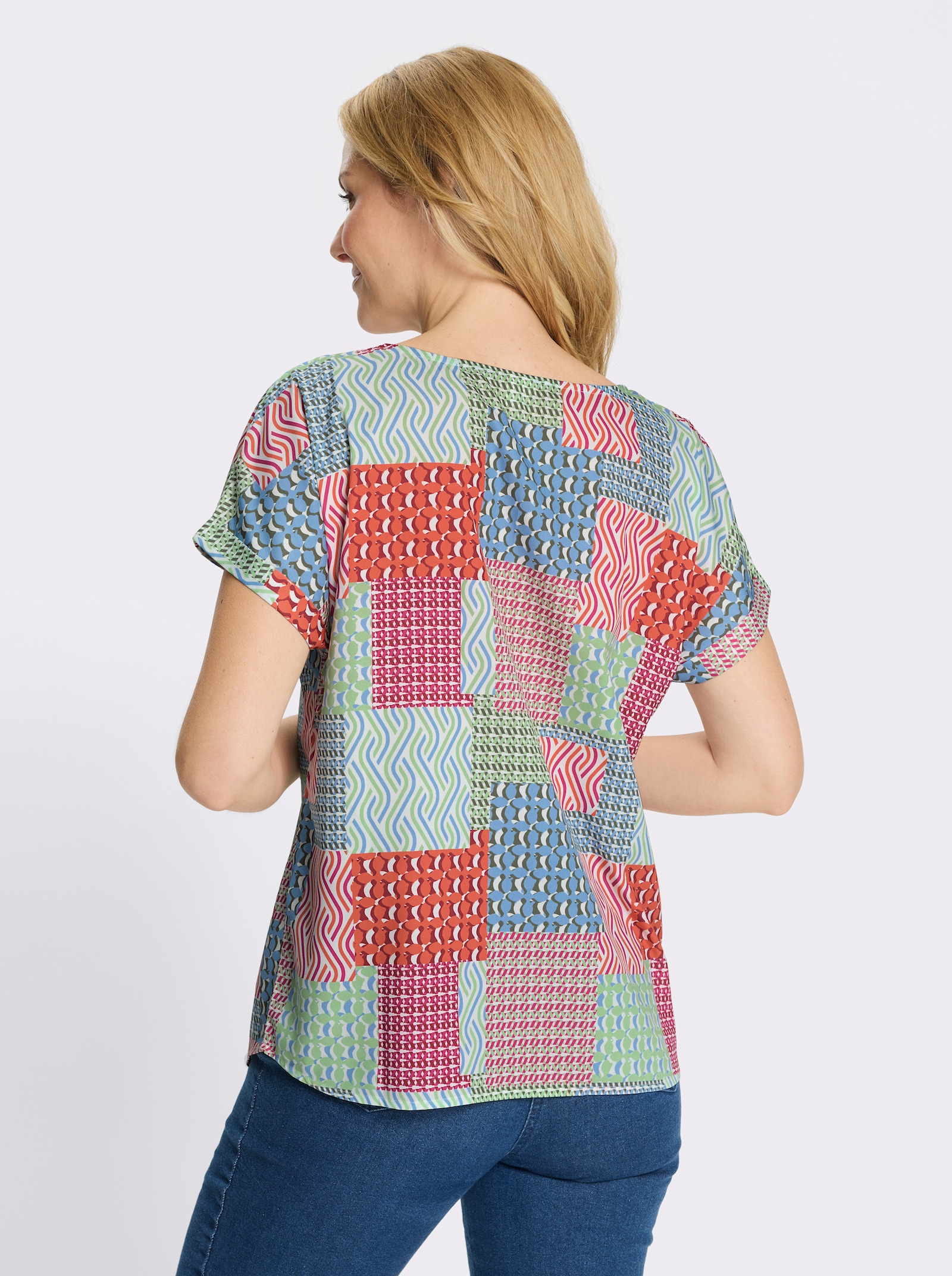 Schlupfbluse in Patch-Optik - rot-himmelblau-bedruckt