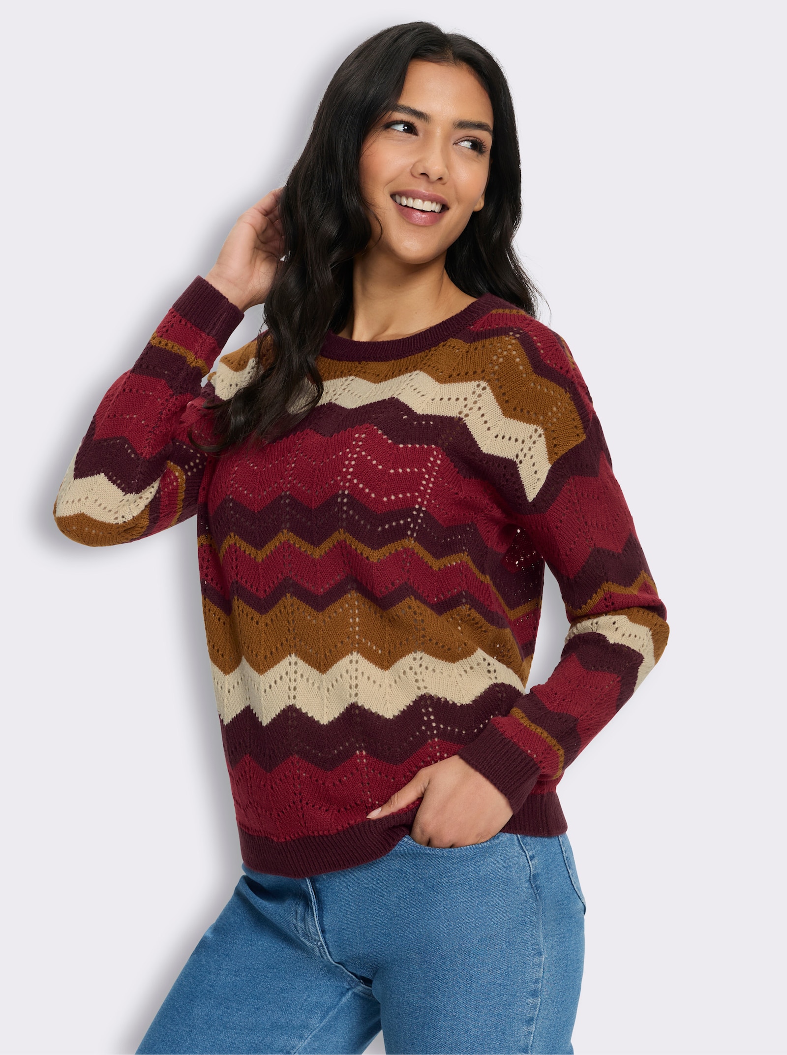 Ajourpullover im Zickzack-Muster - kirsche-sand-gemustert