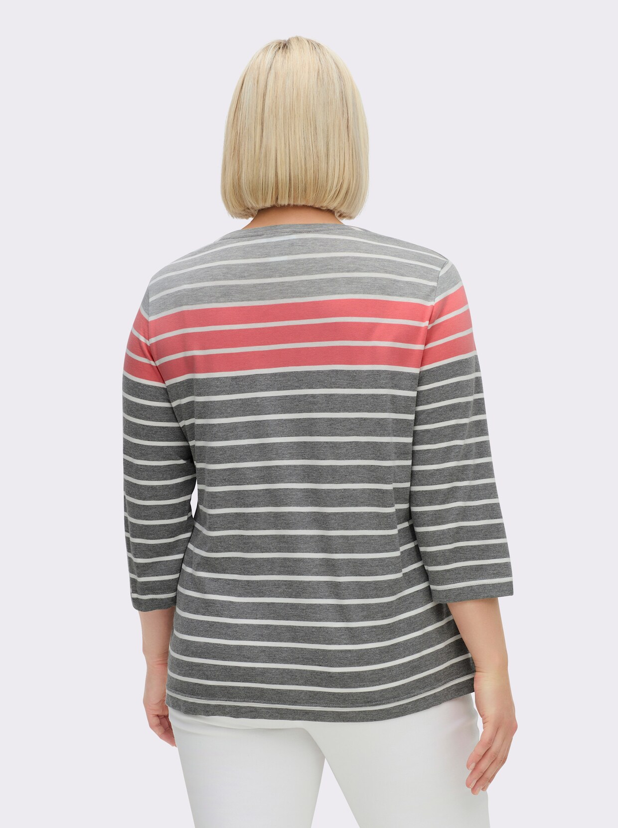 3/4-Arm-Shirt mit 2 imitierten Taschen - anthrazit-koralle-gestreift