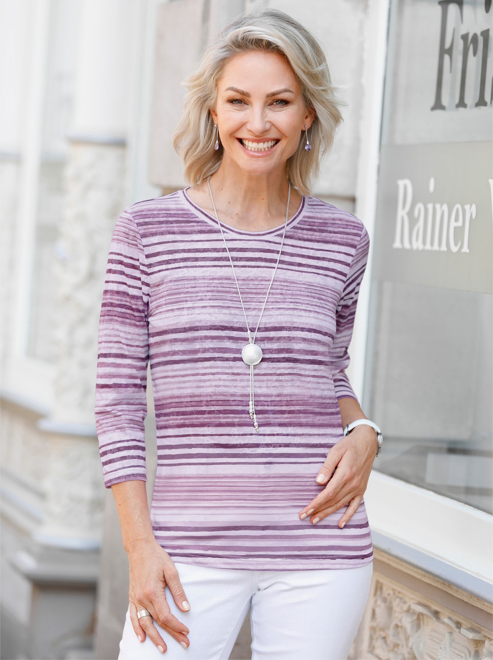 Ringelshirt mit leicht transparenten Partien - orchidee-ecru-bedruckt