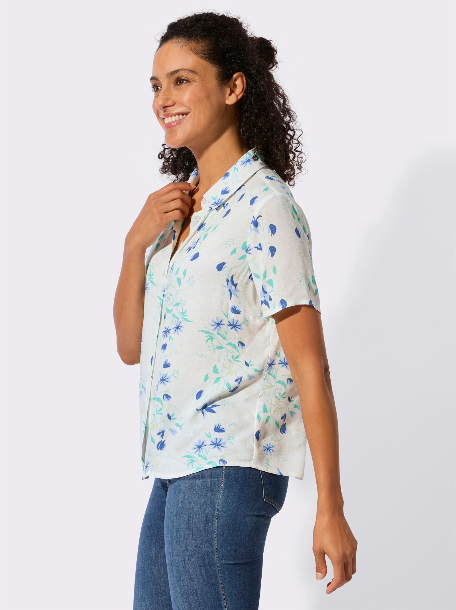 Hemdbluse aus reiner Viskose - ecru-blaugrün-bedruckt