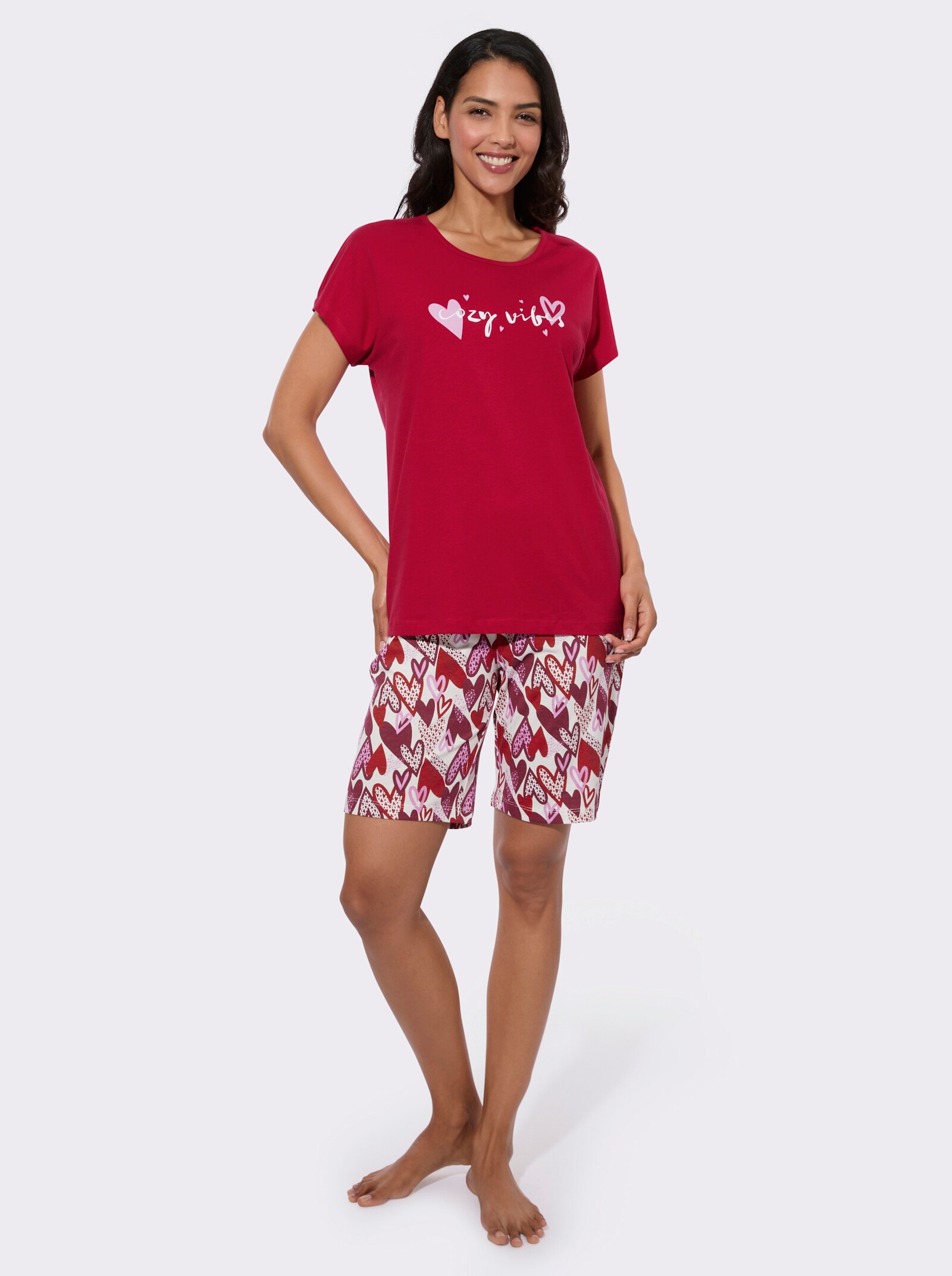 Shorty mit Herzchen-Muster - rot-ecru-bedruckt