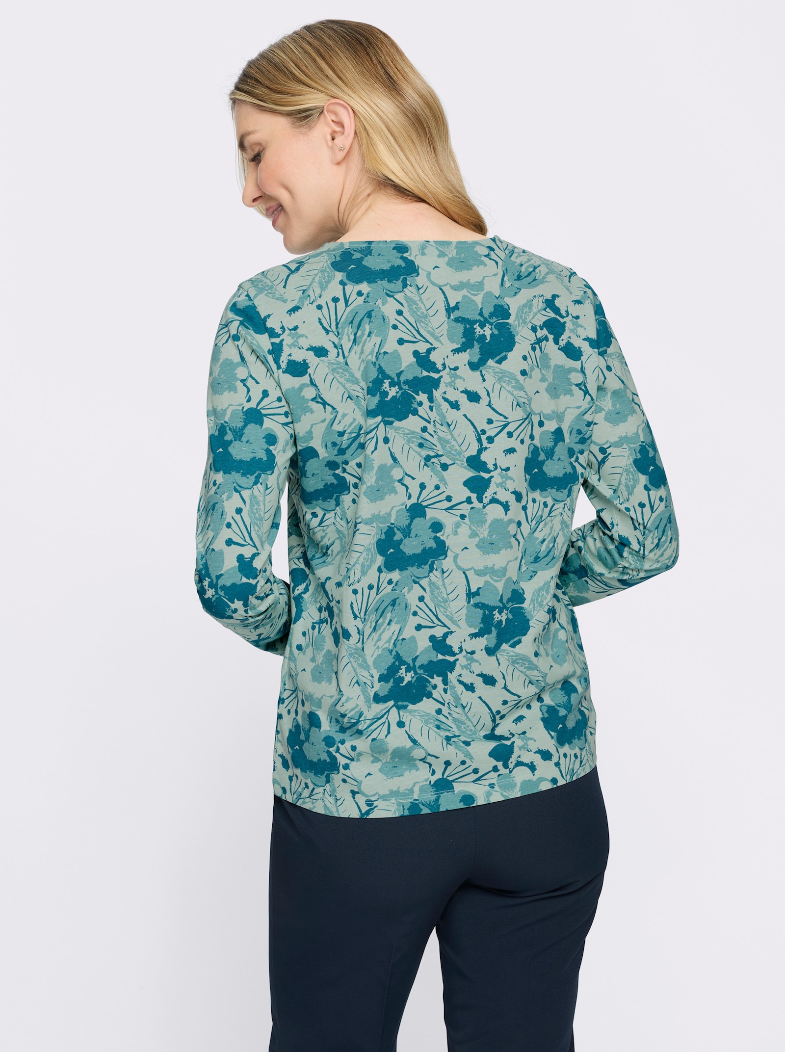 Langarmshirt im floralem Dessin - mint-aquapetrol-bedruckt
