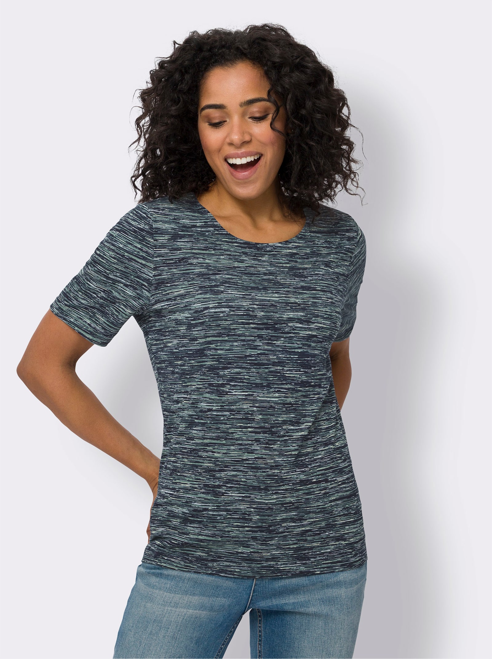 Shirt met ronde hals van puur katoen - lichtblauw/marine bedrukt