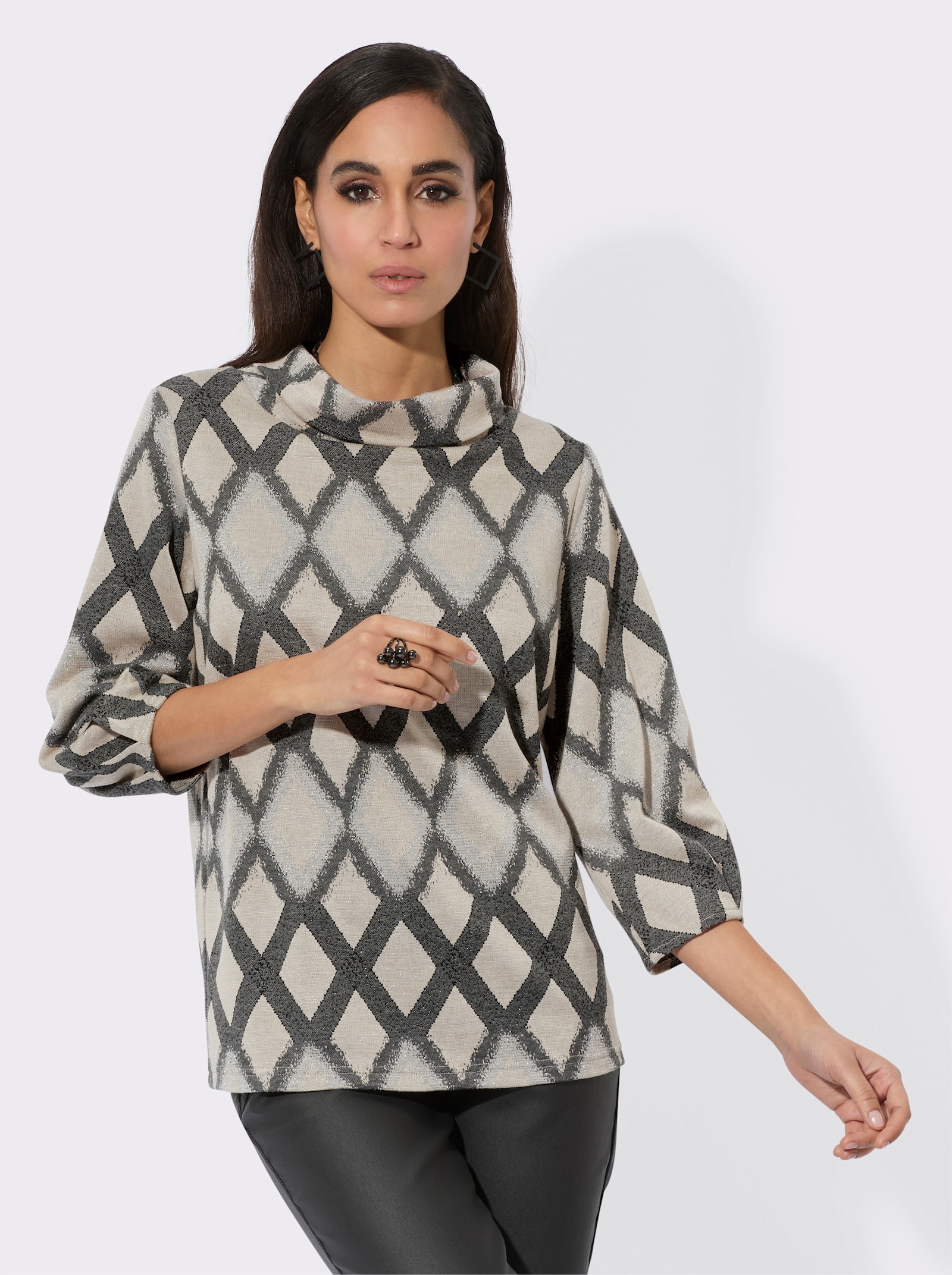 Shirt met 3/4-ballonmouwen - zand/antraciet gedessineerd