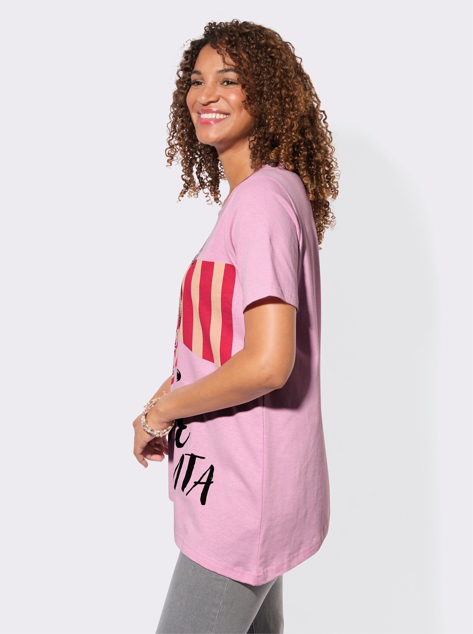 Kurzarmshirt mit asymmetrischem Saum - rosé-bedruckt