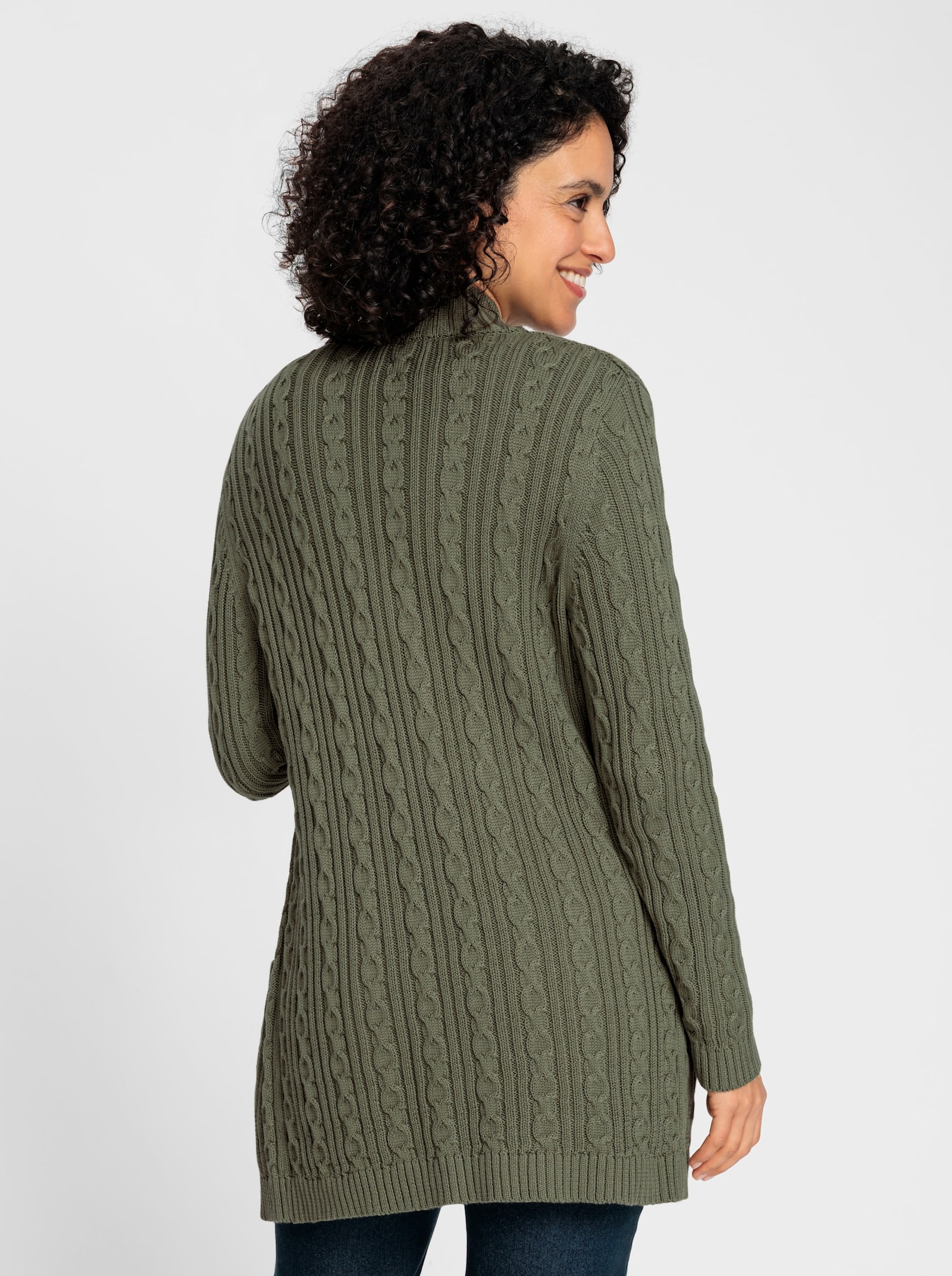 Longstrickjacke mit Zopfmuster - khaki