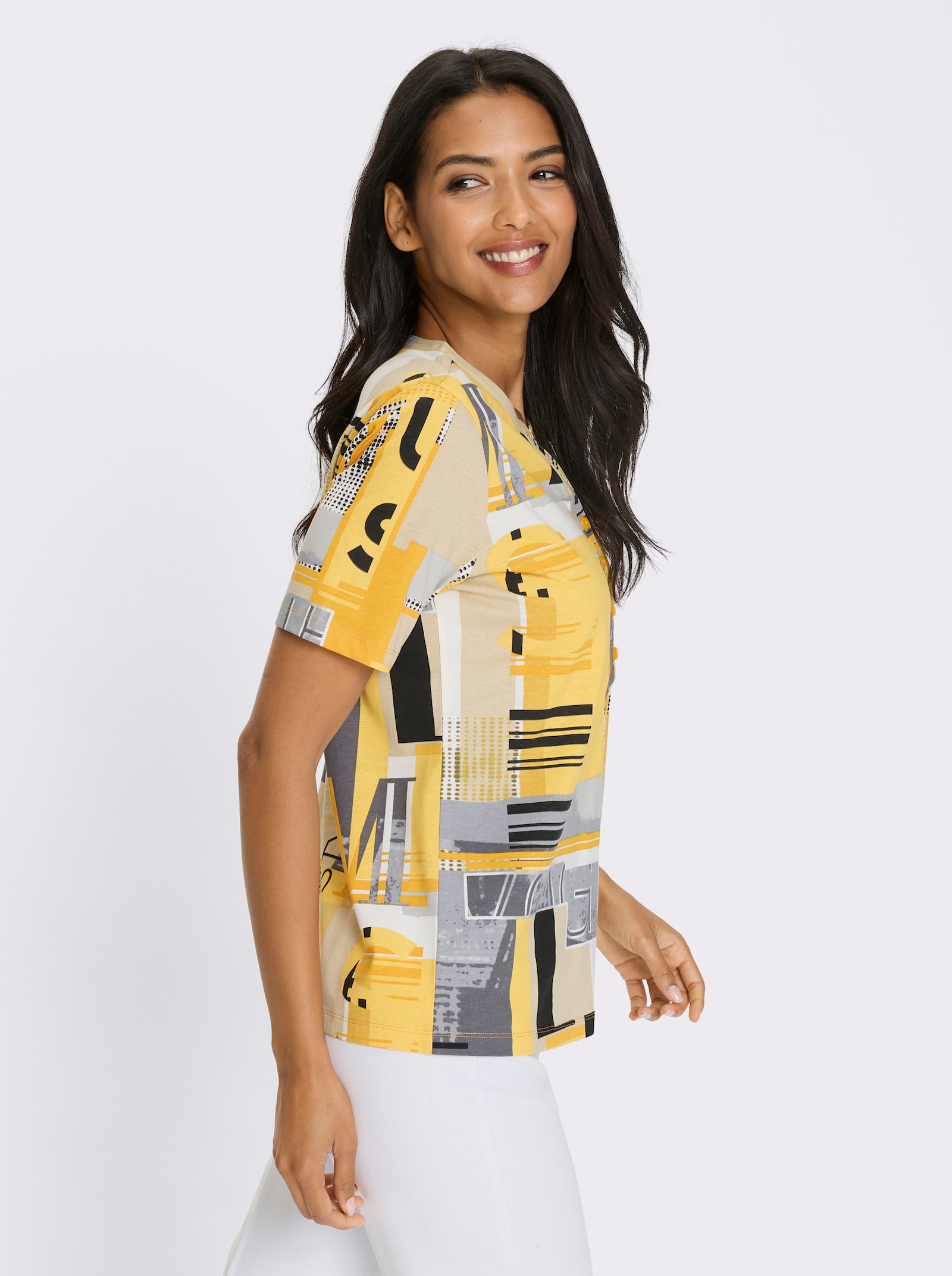 Kurzarmshirt mit kurzer Knopfleiste - ocker-sand-bedruckt