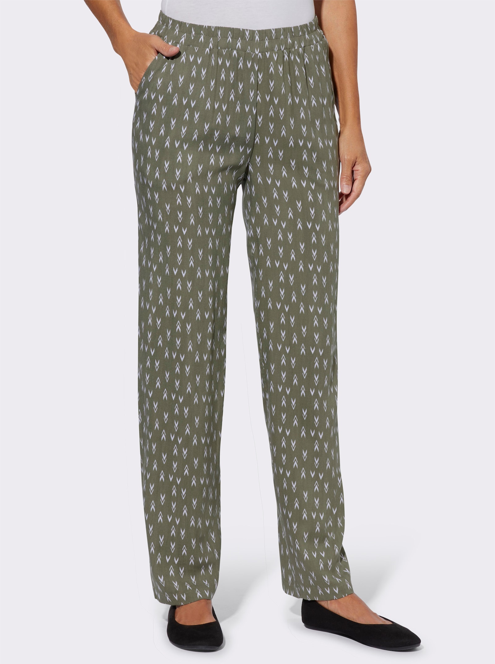 Freizeithose mit zwei Taschen, gemustert - khaki-ecru-bedruckt