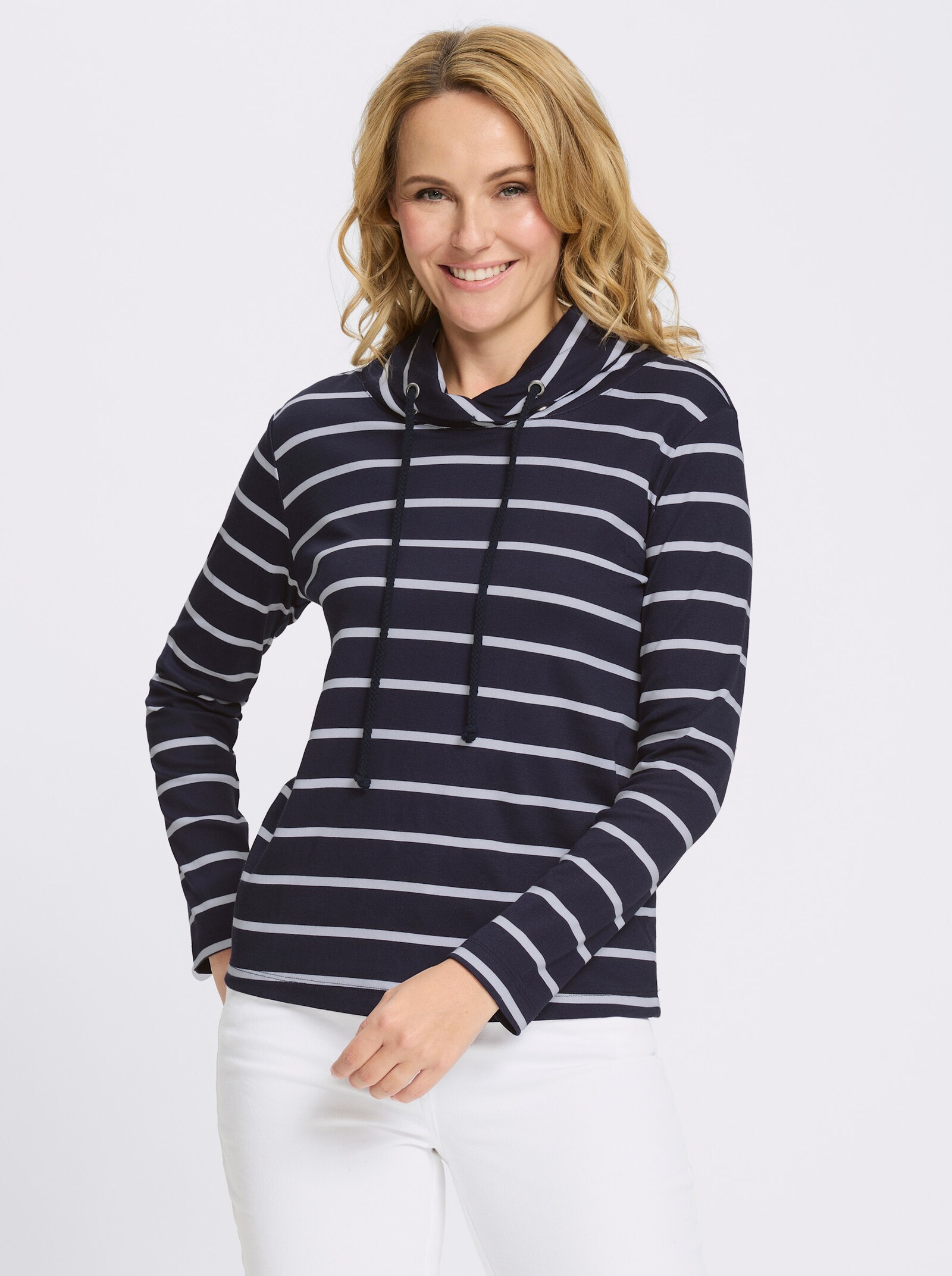 Sweatshirt mit überlappendem Kragen - marine-ecru-geringelt