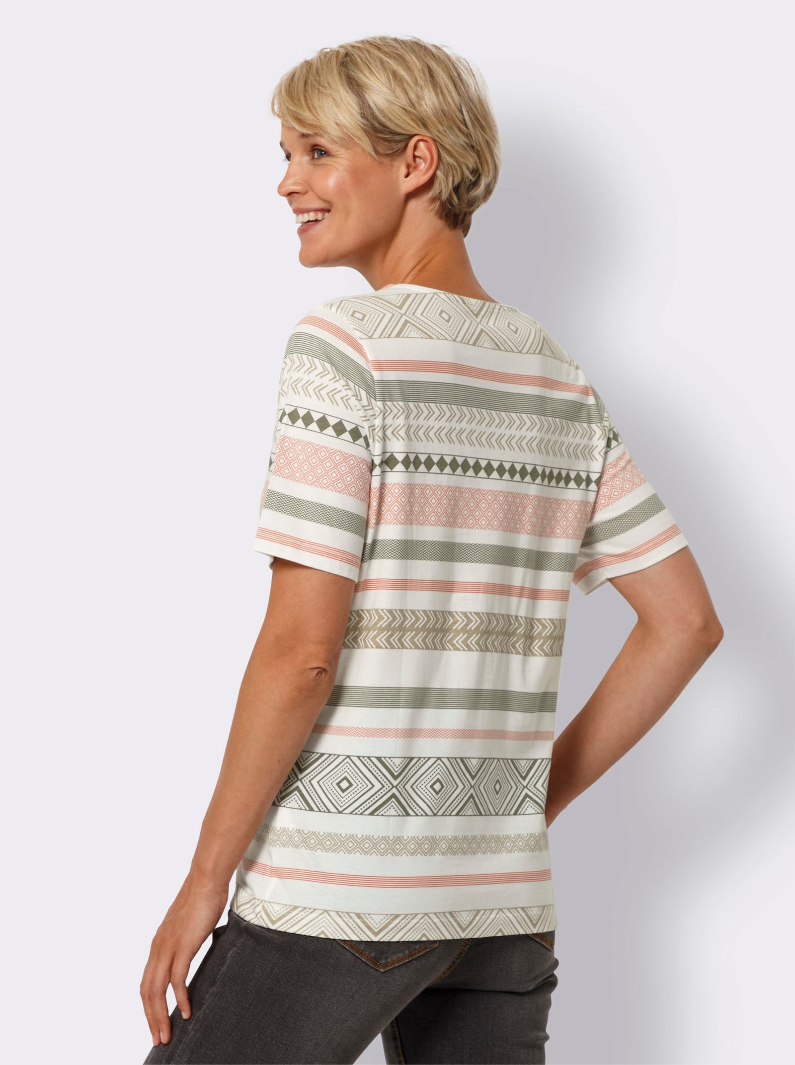 Shirt met korte mouwen en etno-streeppatroon - ecru/kaki geprint