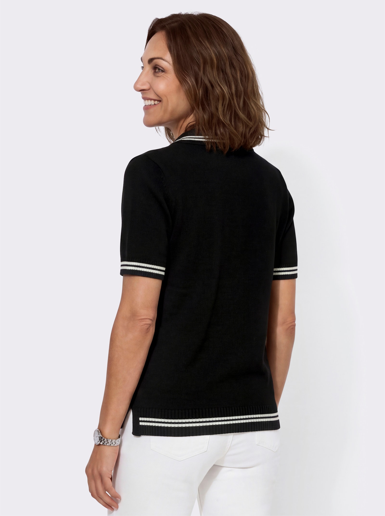 Polopullover mit Seitenschlitzen - schwarz-ecru-geringelt