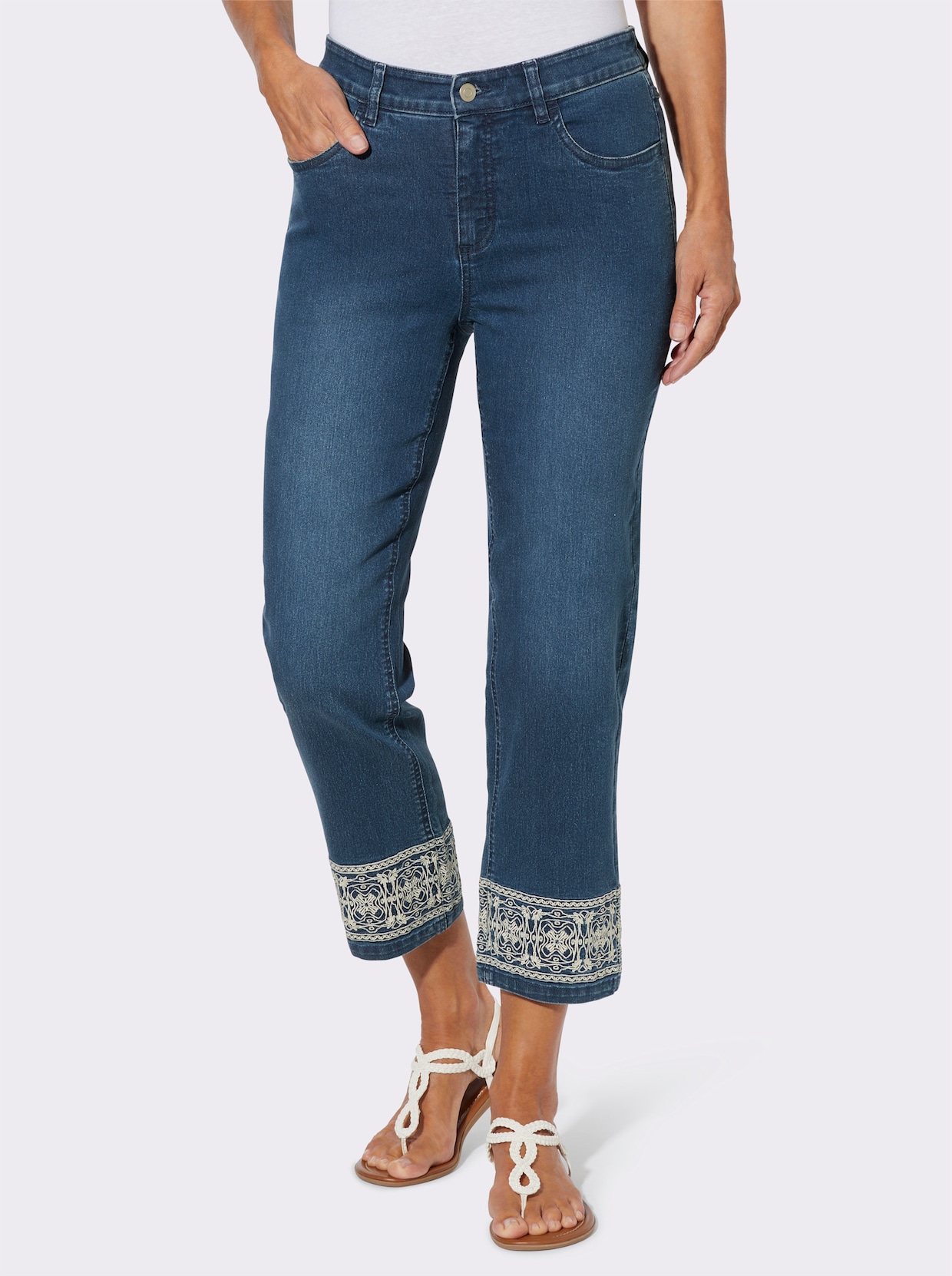 7/8-Jeans mit Stickerei am Saum - blue-stone-washed