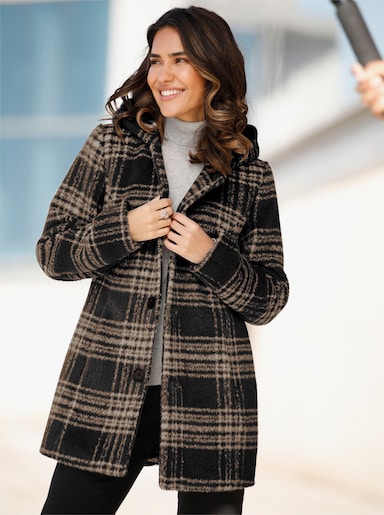 Outdoorjacke in schmeichelnder Longform - schwarz-camel-kariert