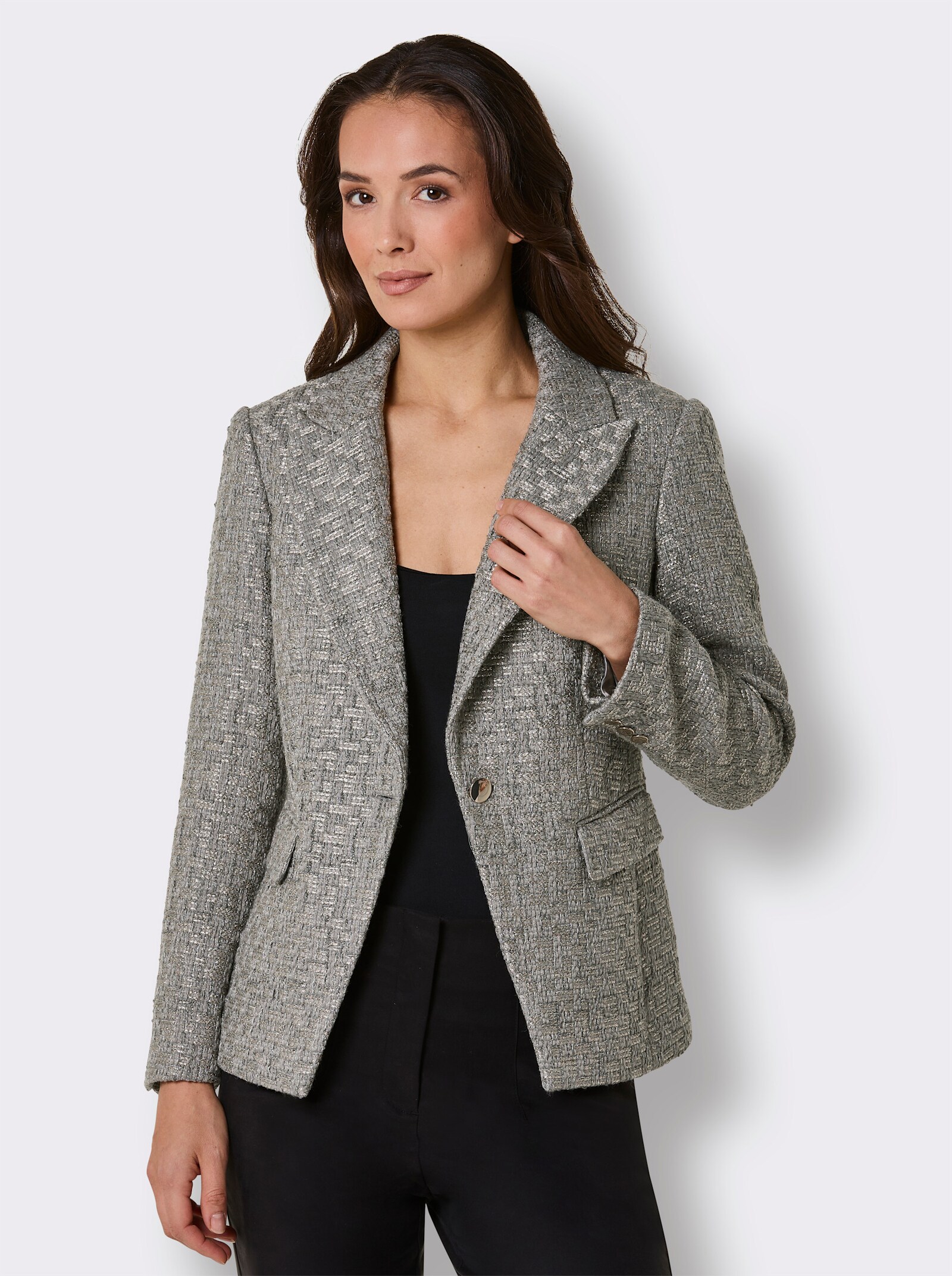 CREATION L PREMIUM Bouclé-Blazer mit schräger Kante - grau-goldfarben-gemustert