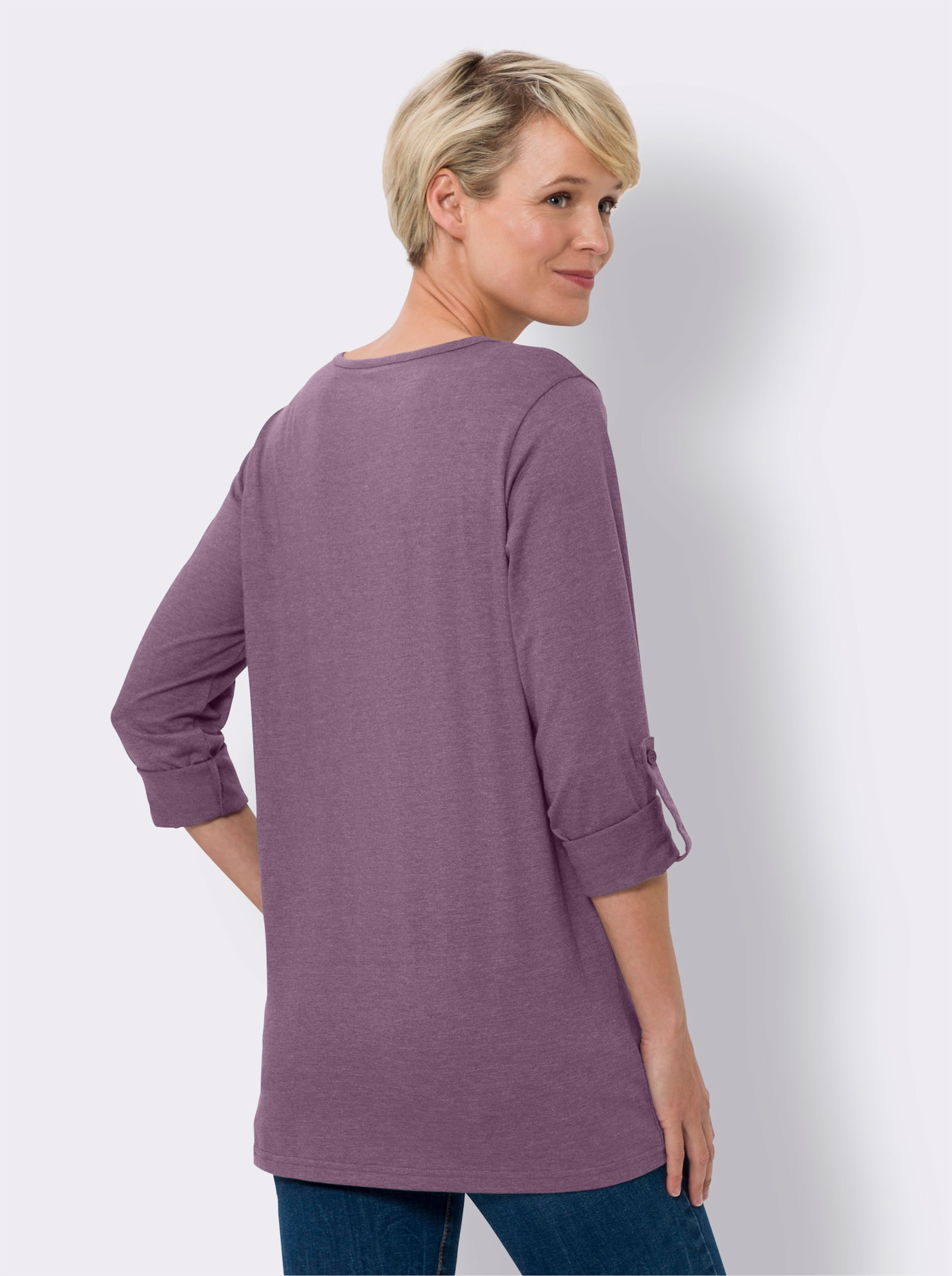 Lång topp med uppvikbara ärmar - violett, melerad