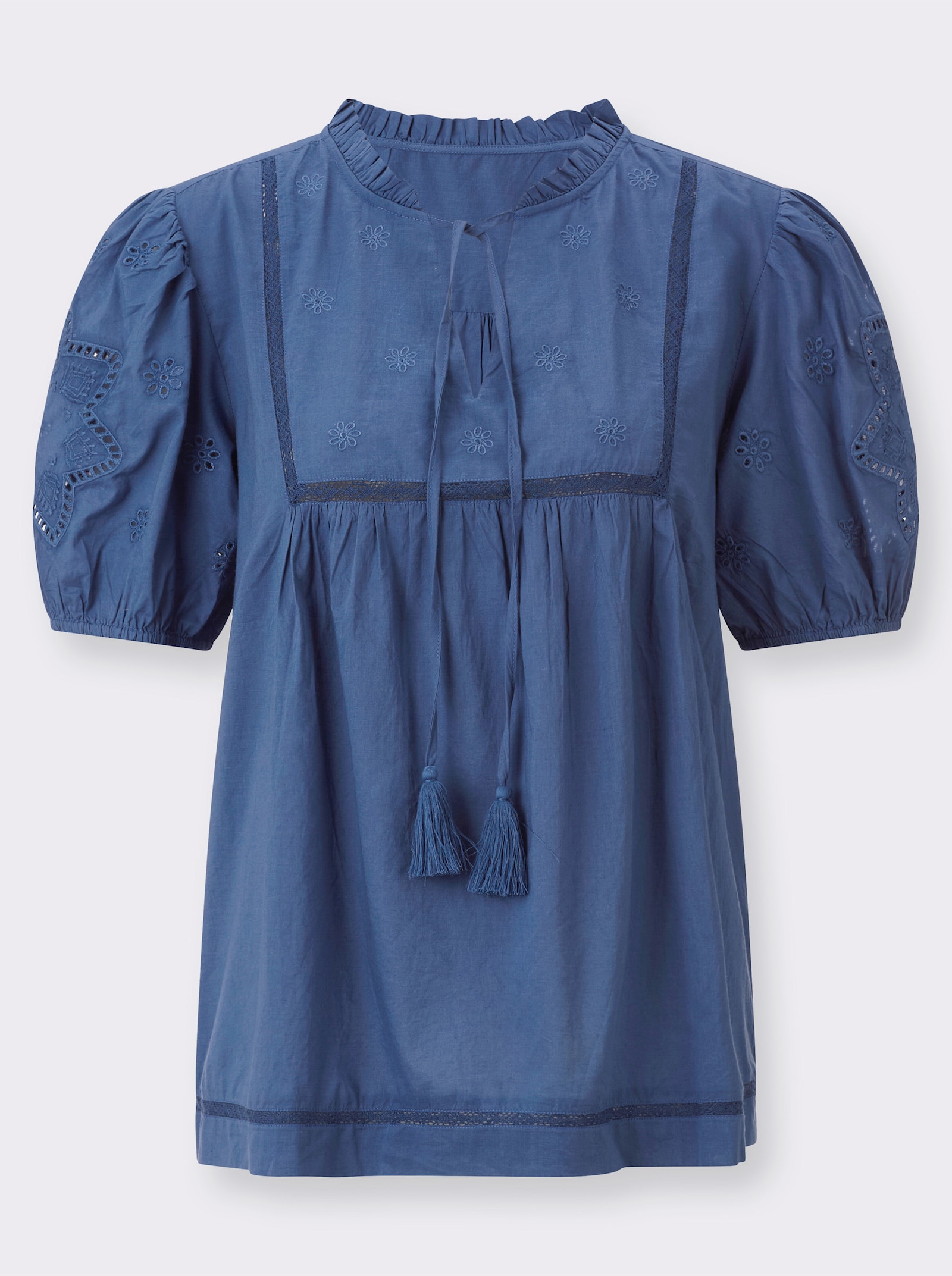 Baumwollbluse mit Puffärmeln - jeansblau